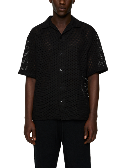 J.Lindeberg Ellis Cotton Regular Fit Crochet Knit Shirt, Black, Black