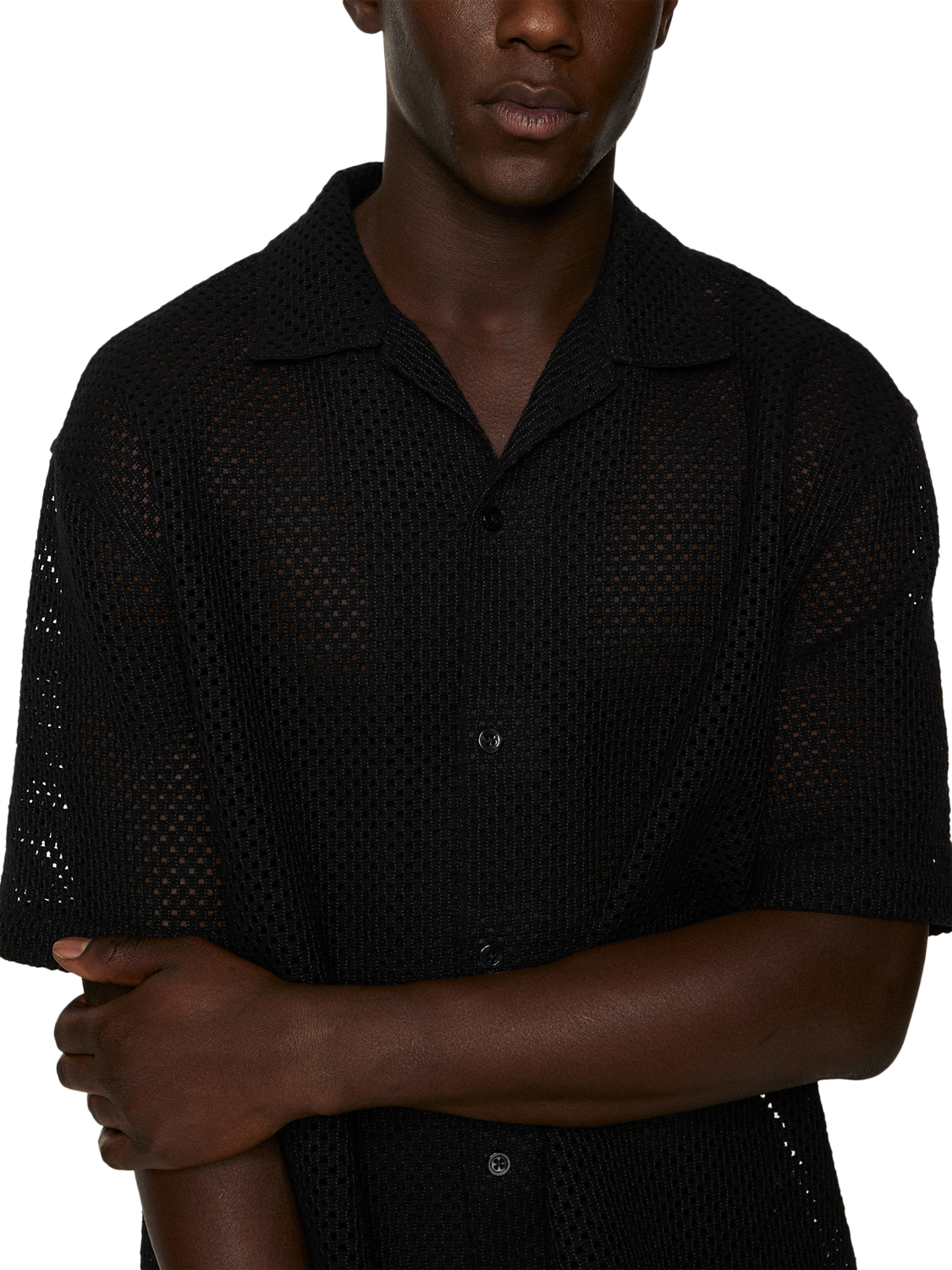 Product image 4 of 5, which shows J.Lindeberg Ellis Cotton Regular Fit Crochet Knit Shirt, Black, S