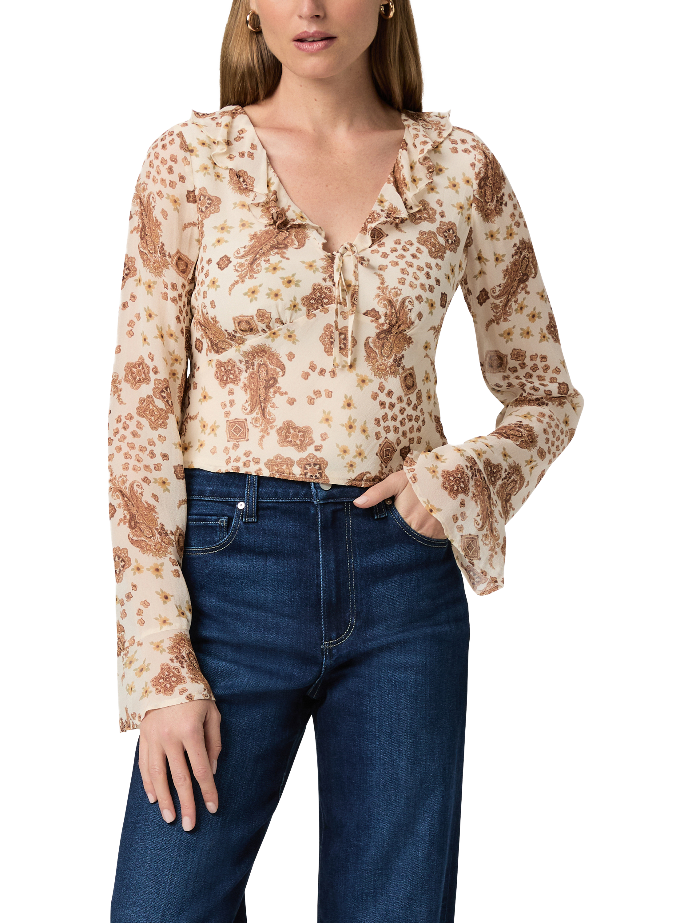 Product image 1 of 4, which shows PAIGE Delamar Paisley Pure Silk Top, White/Brown, XS