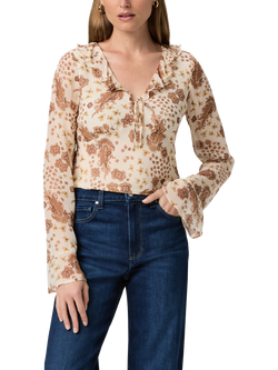 PAIGE Delamar Paisley Pure Silk Top, White/Brown, White/Brown