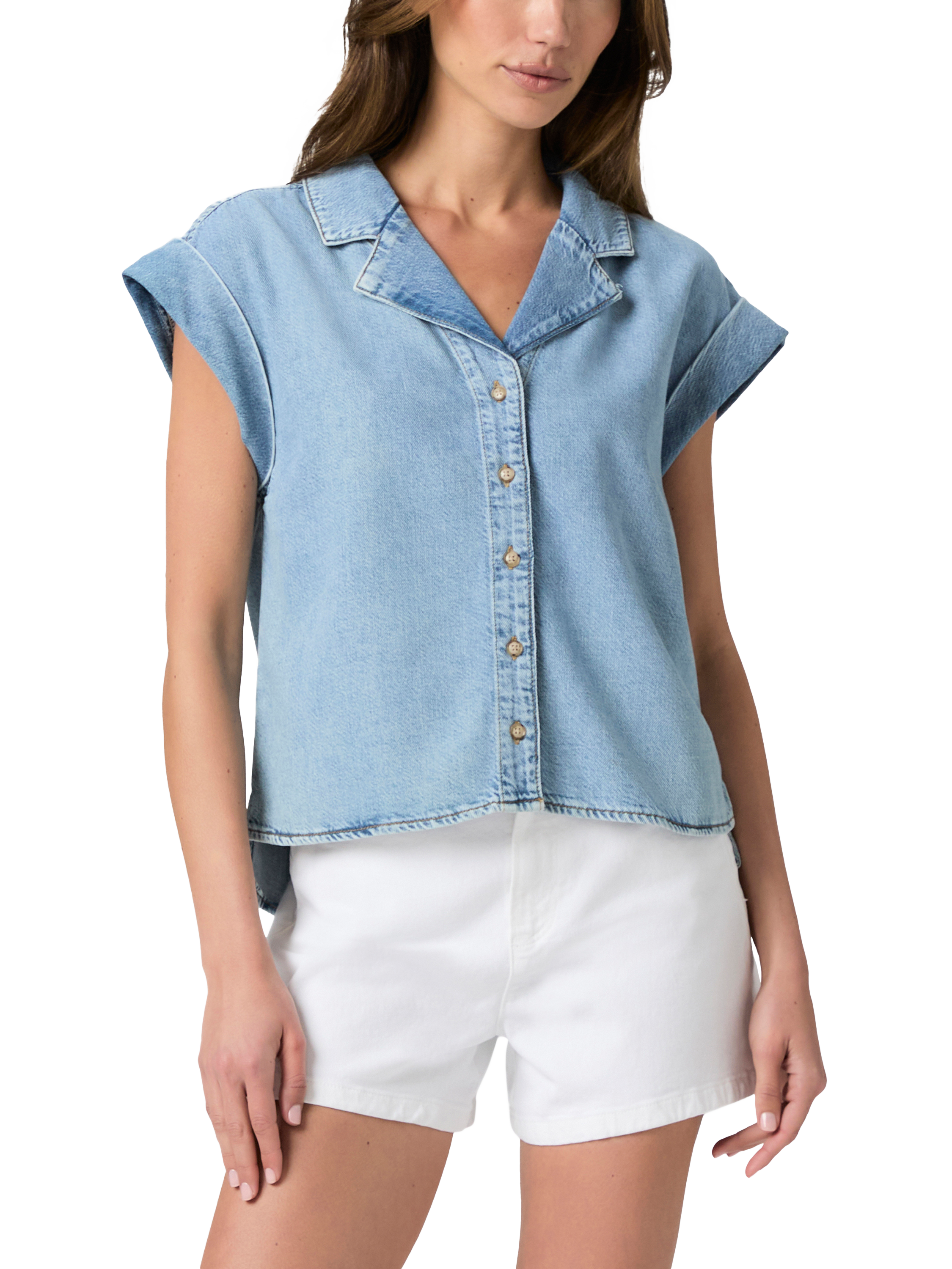 Product image 1 of 4, which shows PAIGE Hadley Short Sleeve Denim Shirt, Blue, XS