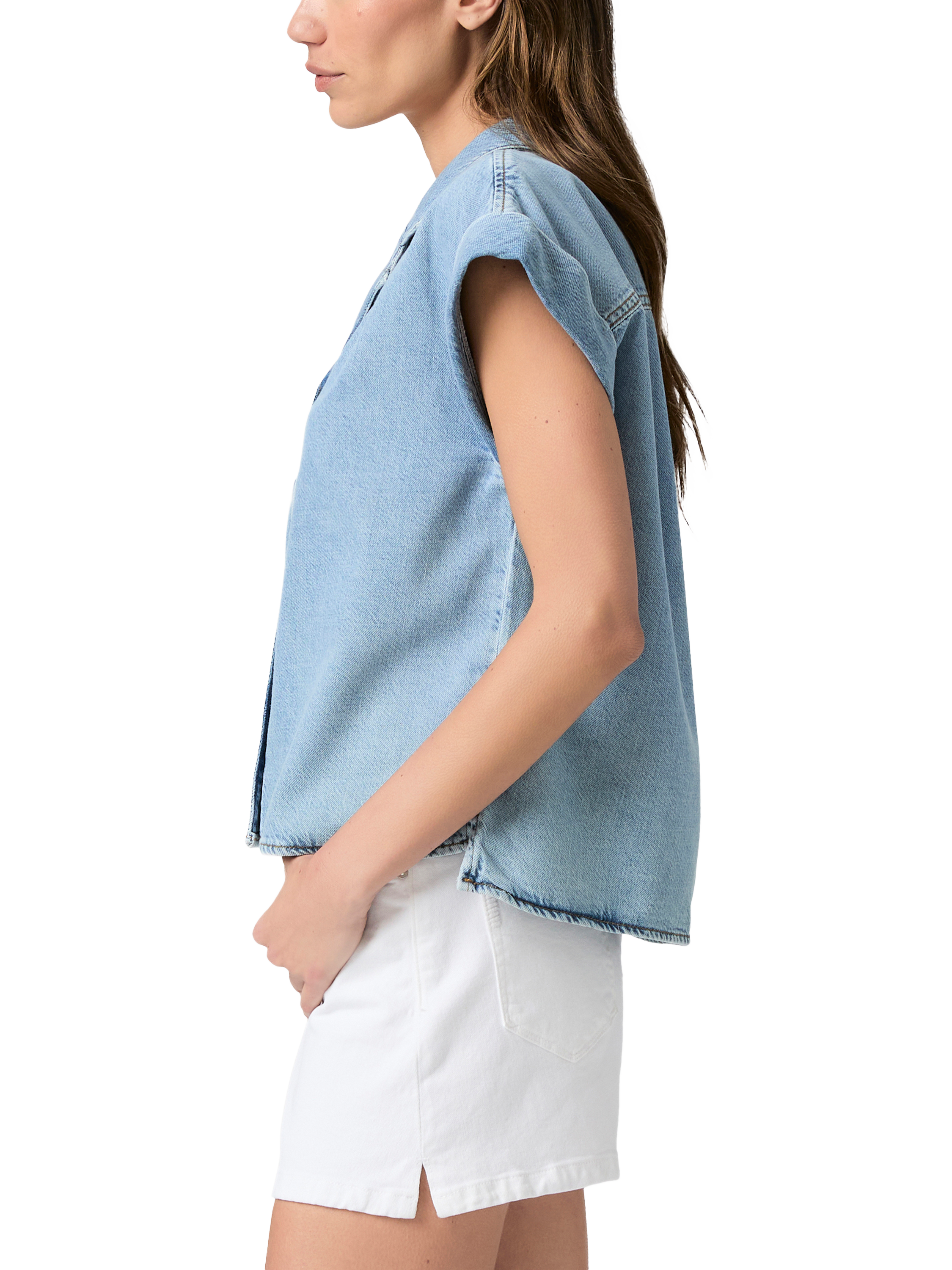 Product image 3 of 4, which shows PAIGE Hadley Short Sleeve Denim Shirt, Blue, XS