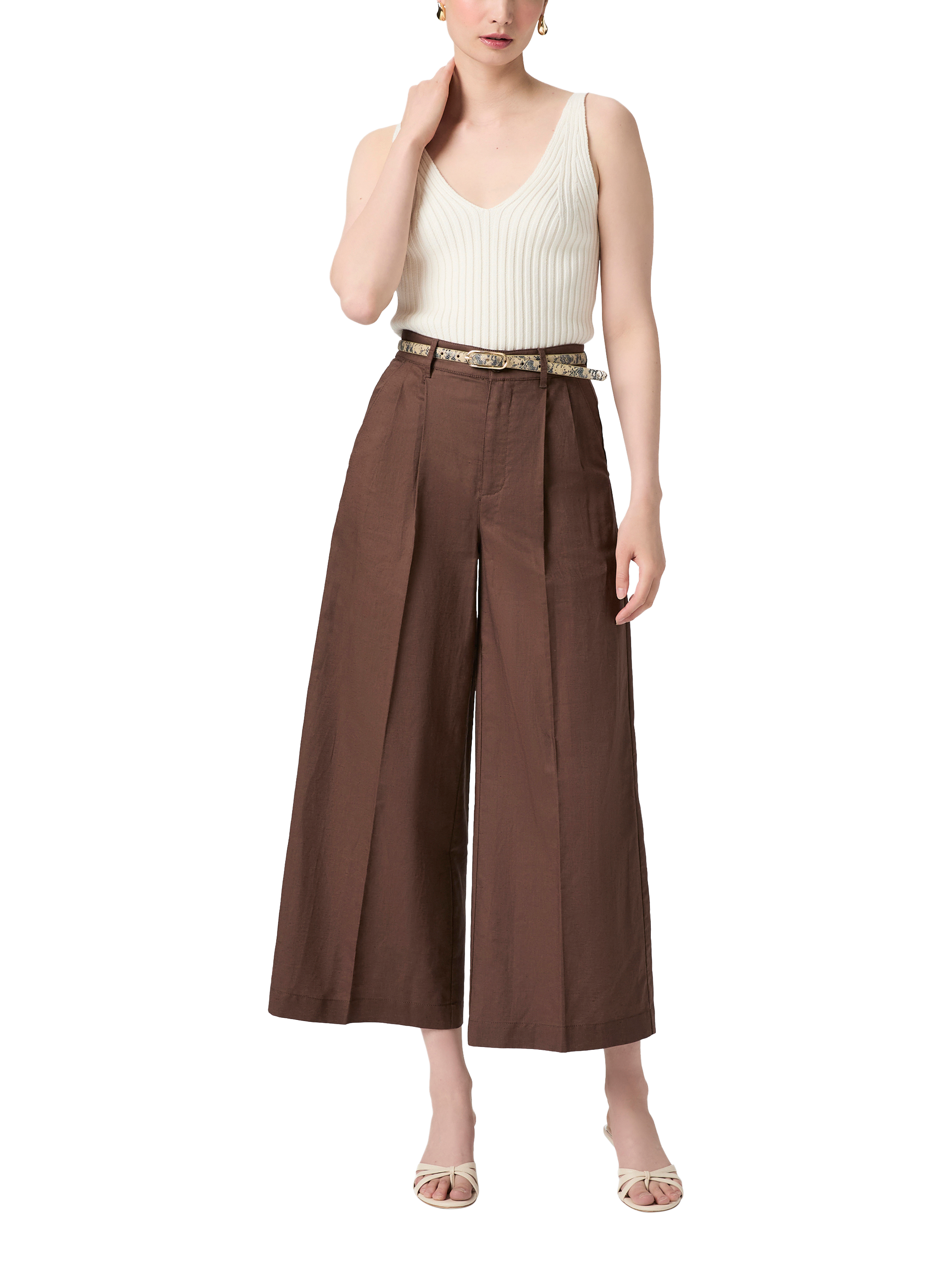 Product image 1 of 4, which shows PAIGE Negroni Linen Rich Wide Leg Trousers, Brown, 6