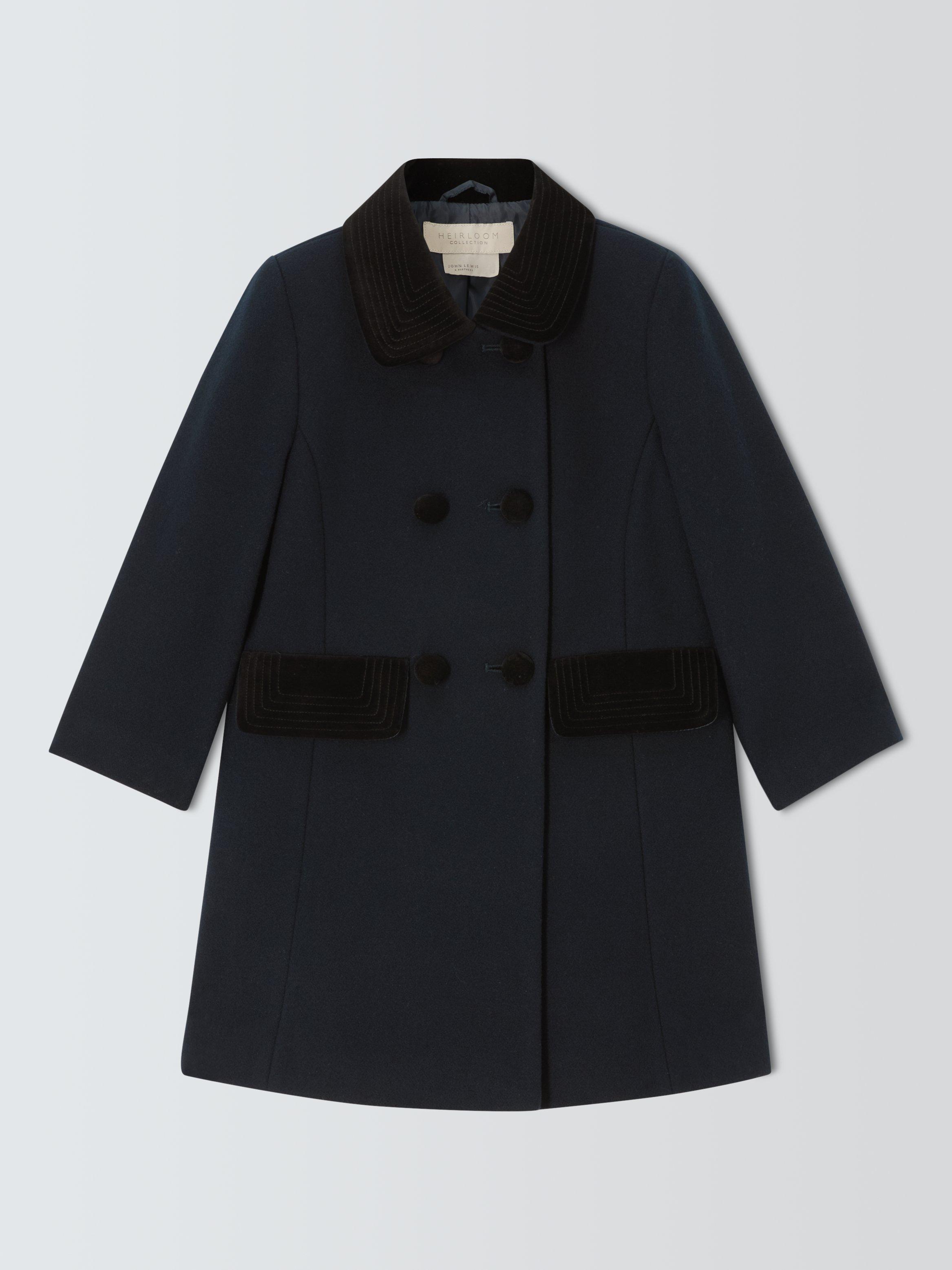 John Lewis Heirloom Collection Kids' Velvet Trim Wool Rich Coat, Navy - Main Image