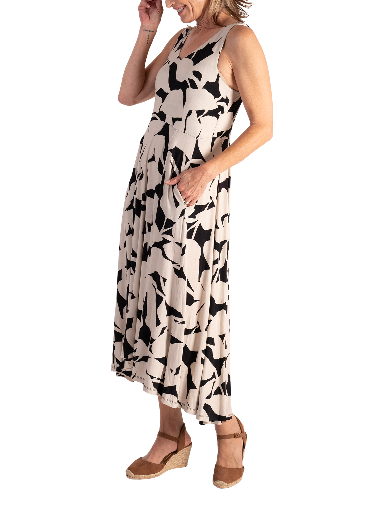Product image 3 of 6, which shows chesca Abstract Floral Sleeveless Dress, Latte/Black, 10-12