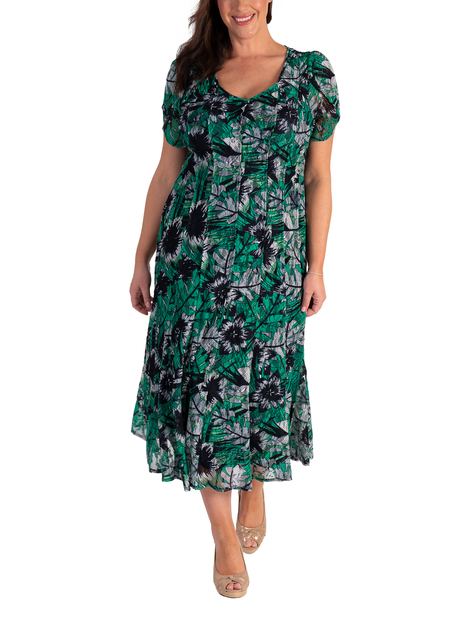 Product image 1 of 7, which shows chesca Oasis Tropical Lace Pintuck Dress, Green/Multi, 12-14