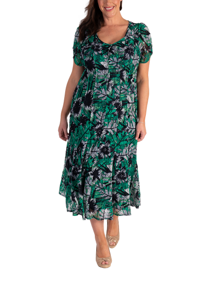 chesca Oasis Tropical Lace Pintuck Dress, Green/Multi, Green/Multi