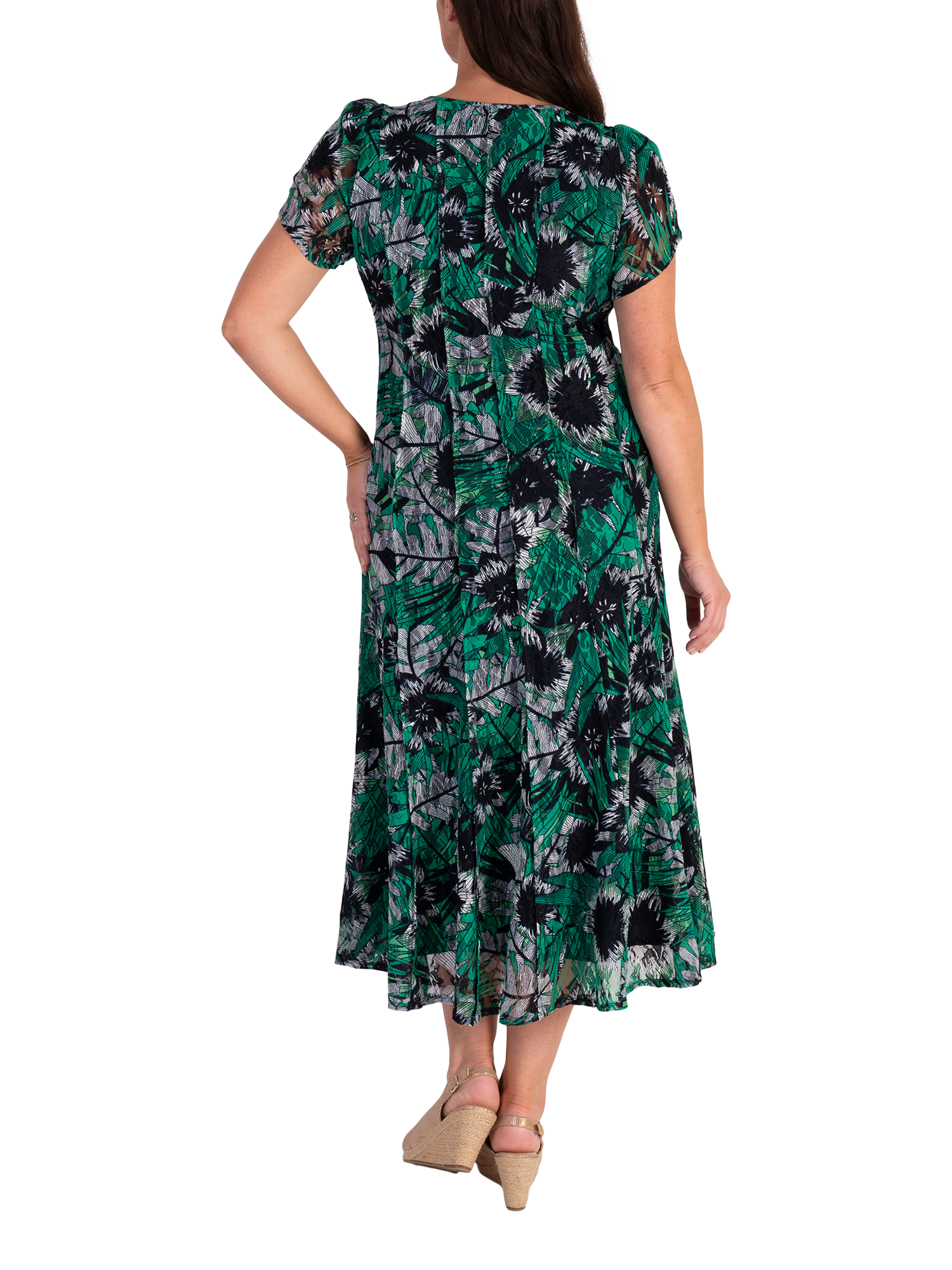 Product image 2 of 7, which shows chesca Oasis Tropical Lace Pintuck Dress, Green/Multi, 12-14