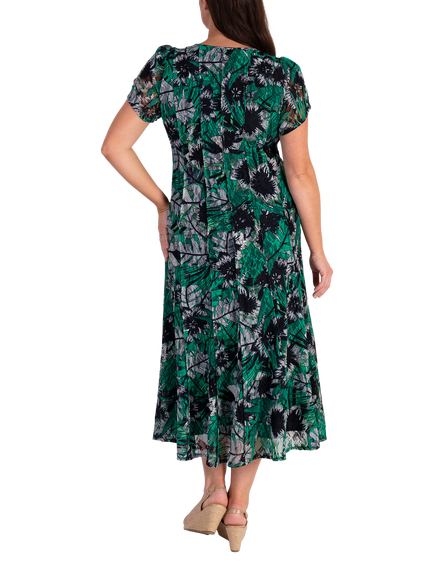 chesca Oasis Tropical Lace Pintuck Dress, Green/Multi - view 2, Green/Multi