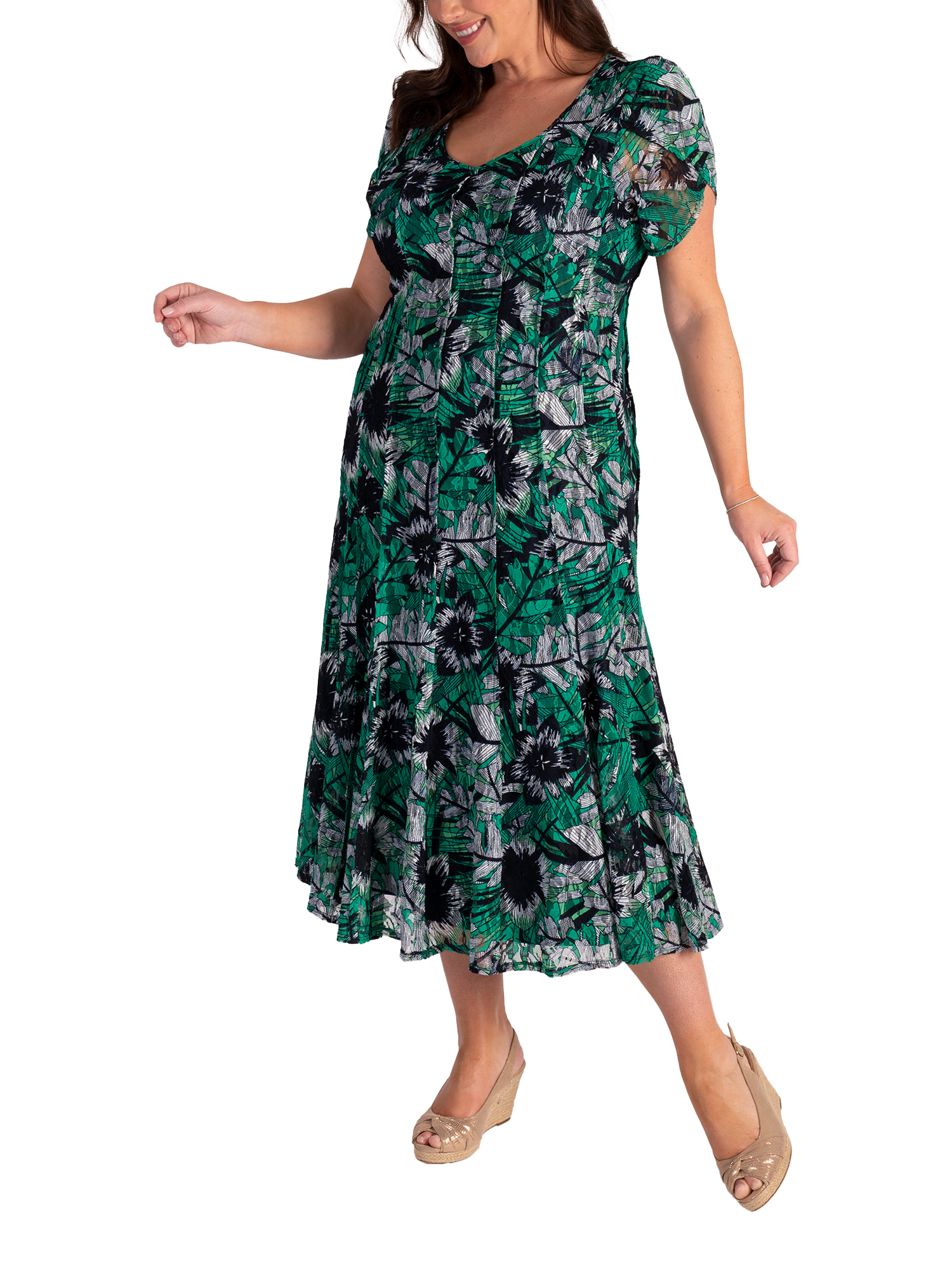 Product image 3 of 7, which shows chesca Oasis Tropical Lace Pintuck Dress, Green/Multi, 12-14