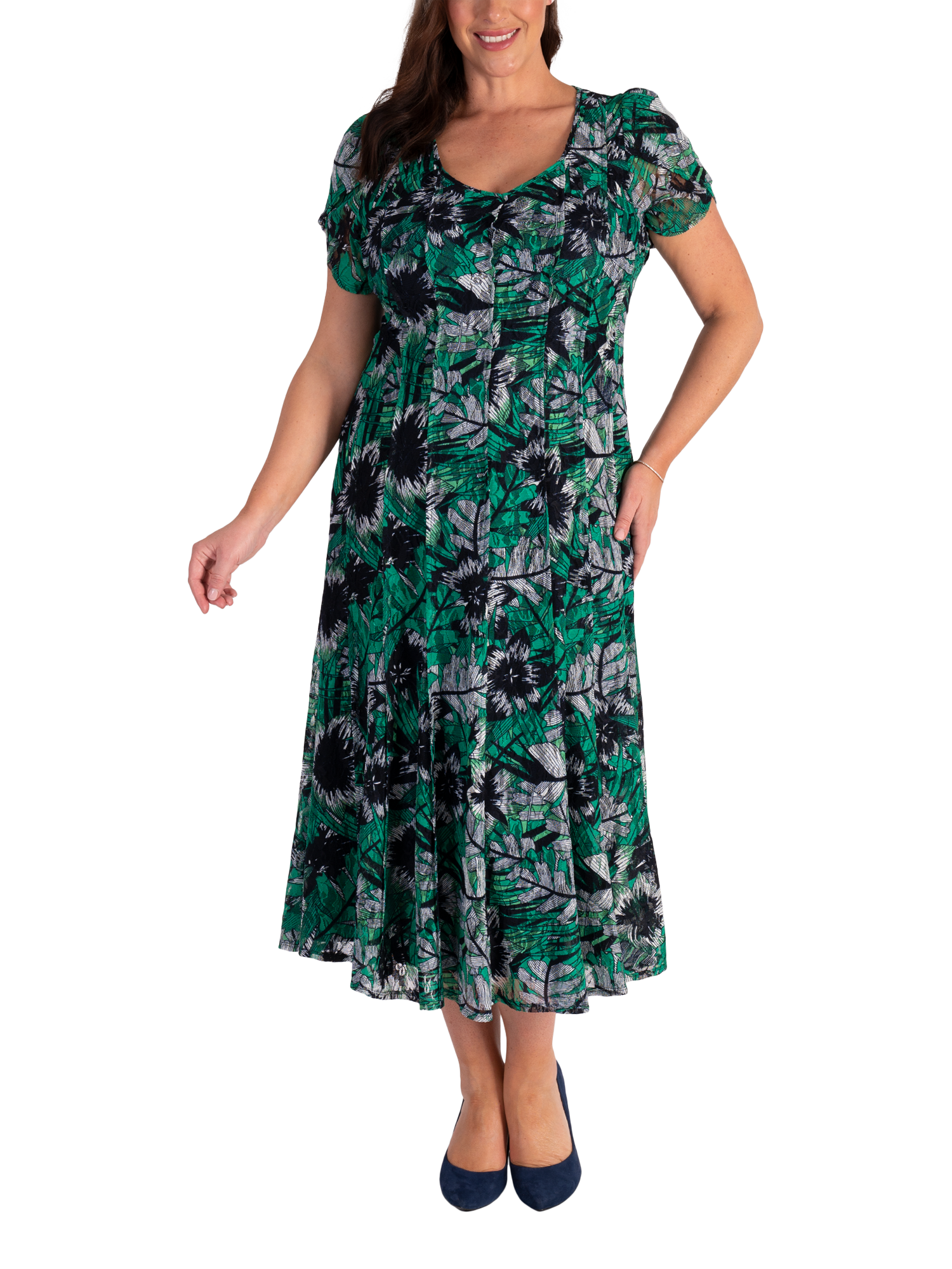 Product image 4 of 7, which shows chesca Oasis Tropical Lace Pintuck Dress, Green/Multi, 12-14