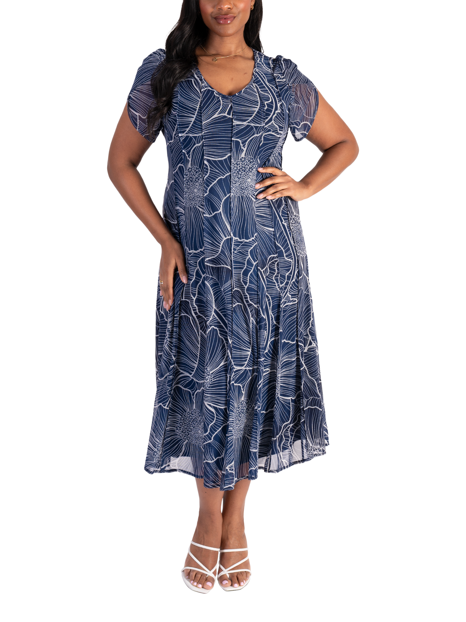 Product image 1 of 6, which shows chesca Floral Pintuck Seamed Mesh Dress, Navy/Ivory, 12-14
