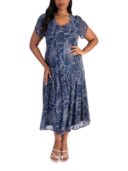 chesca Floral Pintuck Seamed Mesh Dress, Navy/Ivory, Navy/Ivory