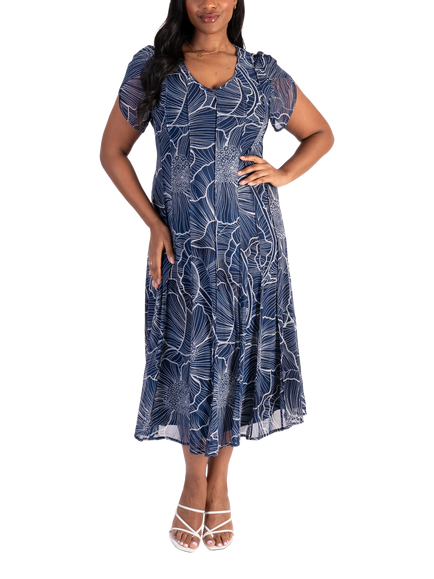 chesca Floral Pintuck Seamed Mesh Dress, Navy/Ivory, Navy/Ivory