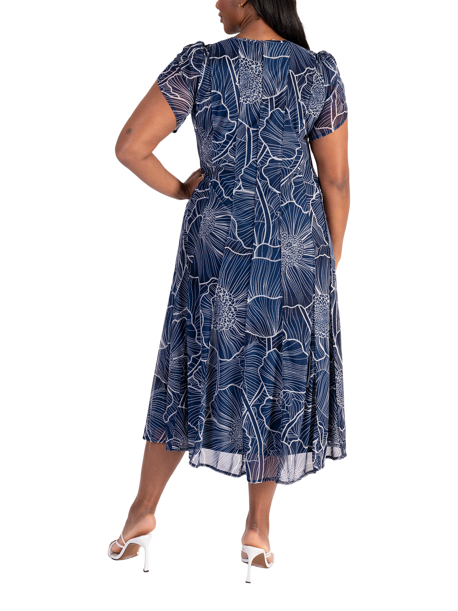 Product image 2 of 6, which shows chesca Floral Pintuck Seamed Mesh Dress, Navy/Ivory, 12-14