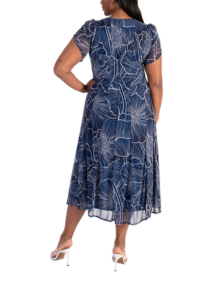 chesca Floral Pintuck Seamed Mesh Dress, Navy/Ivory - view 2, Navy/Ivory