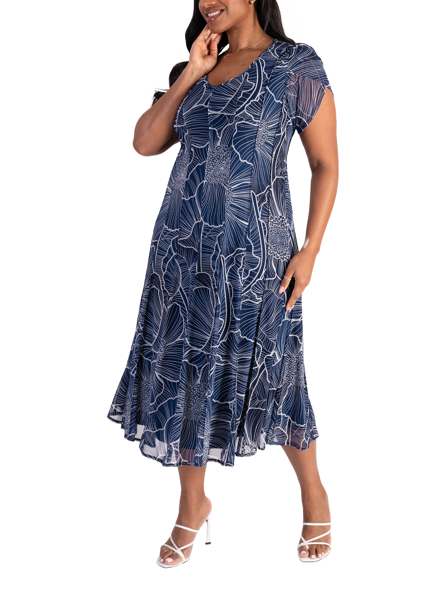 Product image 3 of 6, which shows chesca Floral Pintuck Seamed Mesh Dress, Navy/Ivory, 12-14