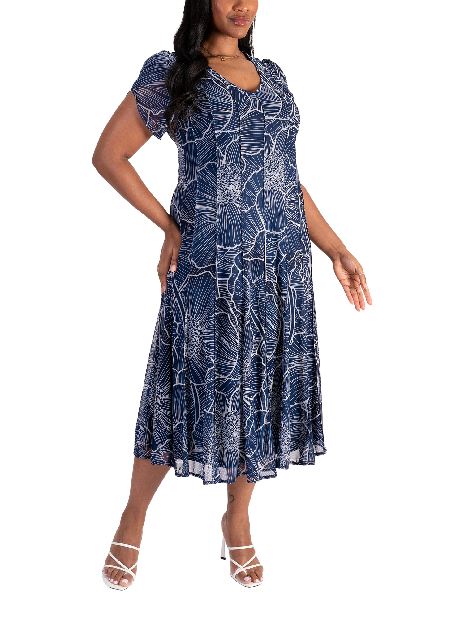 Product image 4 of 6, which shows chesca Floral Pintuck Seamed Mesh Dress, Navy/Ivory, 12-14