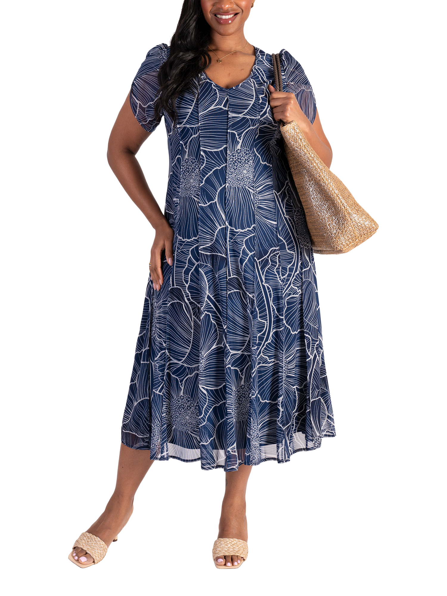 Product image 5 of 6, which shows chesca Floral Pintuck Seamed Mesh Dress, Navy/Ivory, 12-14
