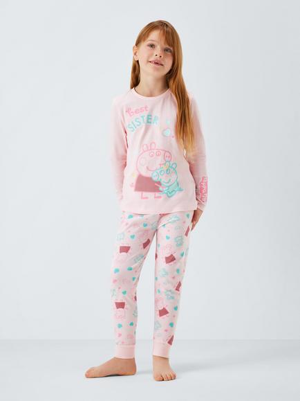 Brand Threads Kids' Peppa Pig Best Sister Cotton Long Sleeved Pyjamas, Mauve Chalk - view 2, Mauve Chalk