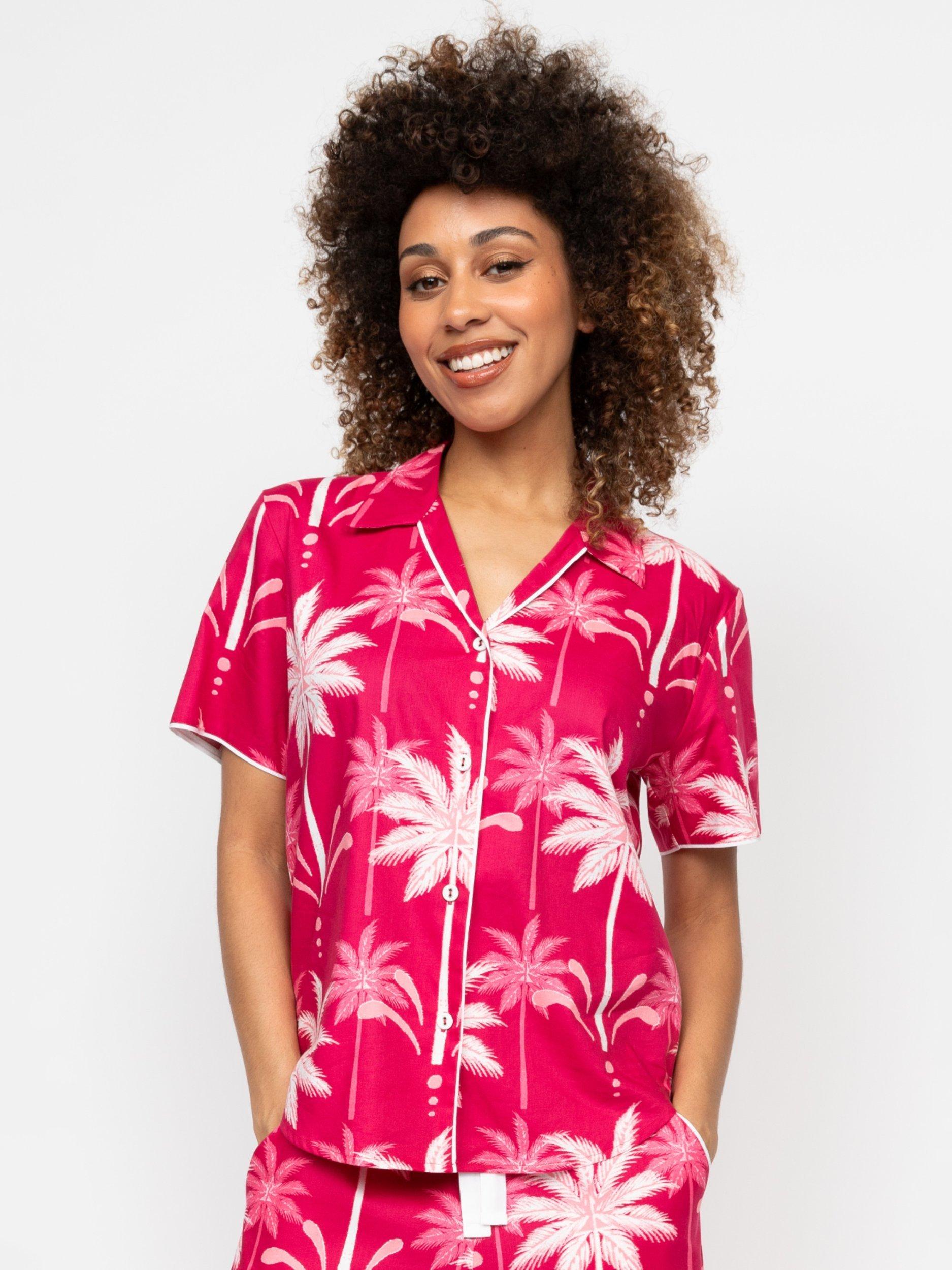 Product image 1 of 4, which shows Cyberjammies Kayla Palm Print Pyjama Shirt, Berry, 6