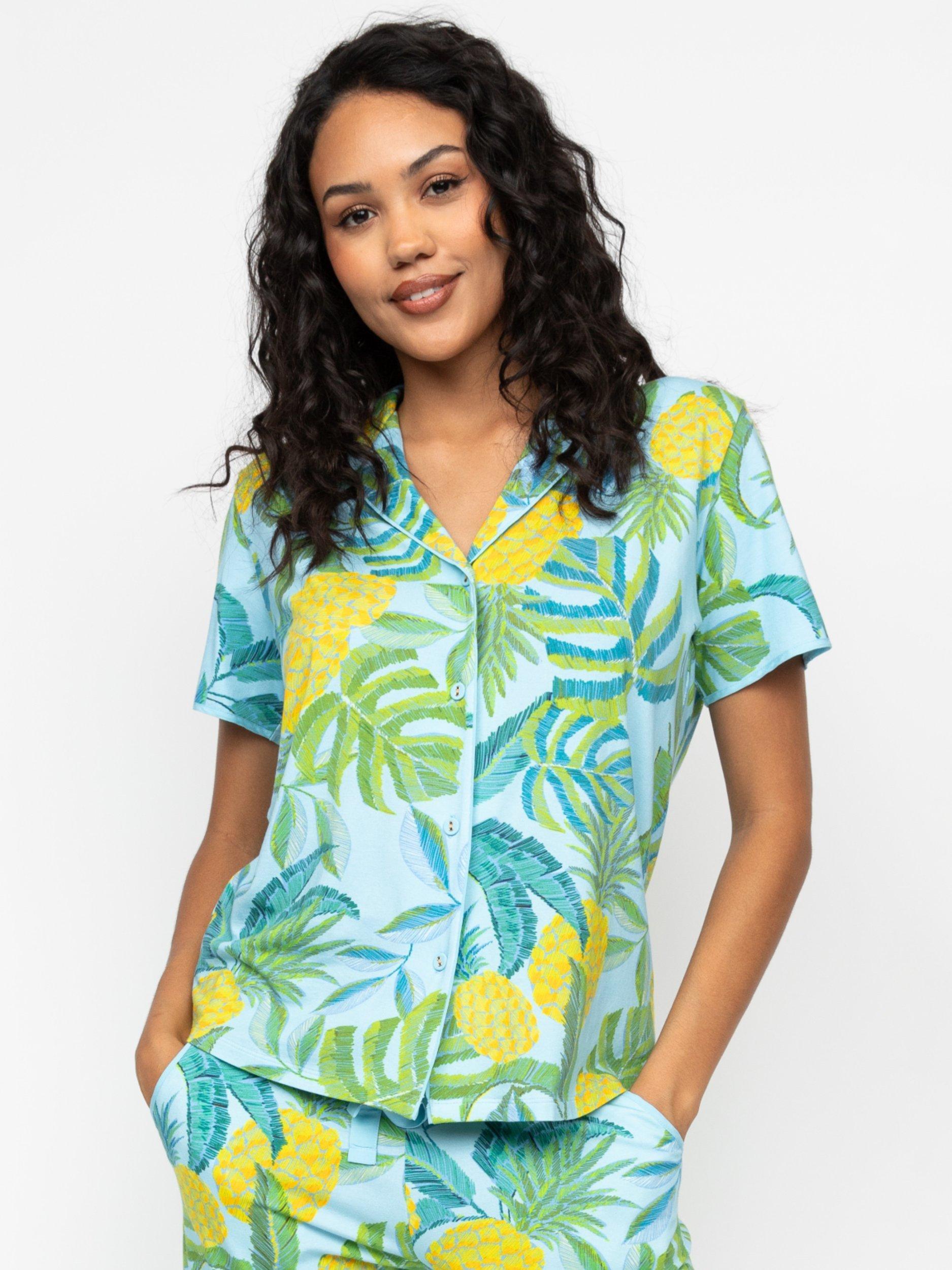 Product image 1 of 4, which shows Cyberjammies Paige Pineapple Pyjama Shirt, Light Blue, 6