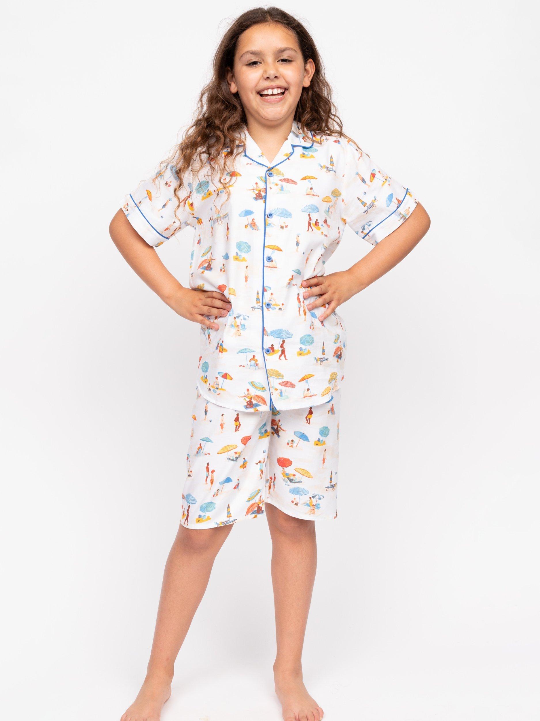 Product image 1 of 4, which shows Minijammies Kids' Sandy Beachscape Pyjama Set, Cream, 2-3 years