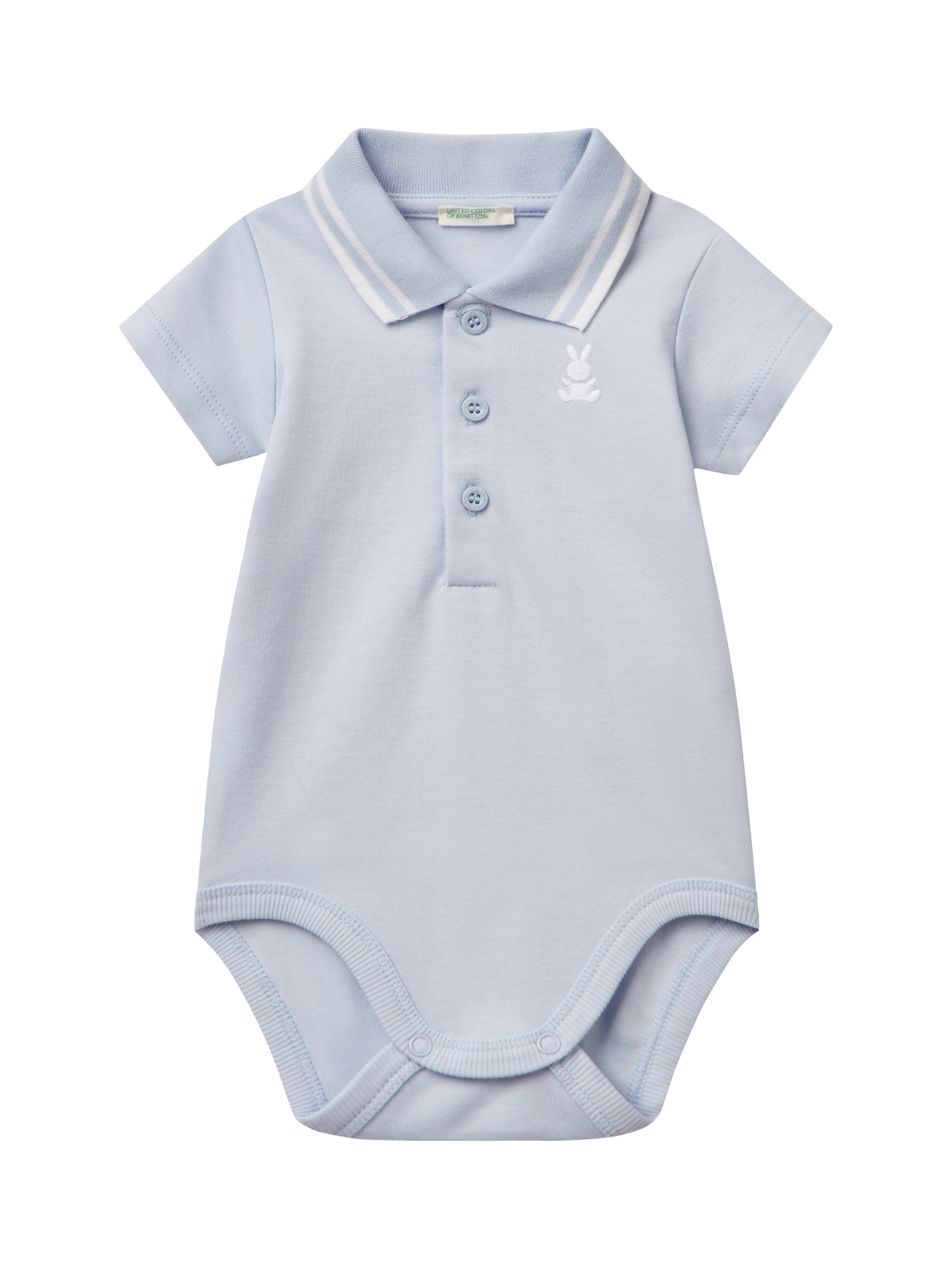 Product image 1 of 3, which shows Benetton Baby Logo Polo Neck Bodysuit, Light Blue Powder, 1-3 months