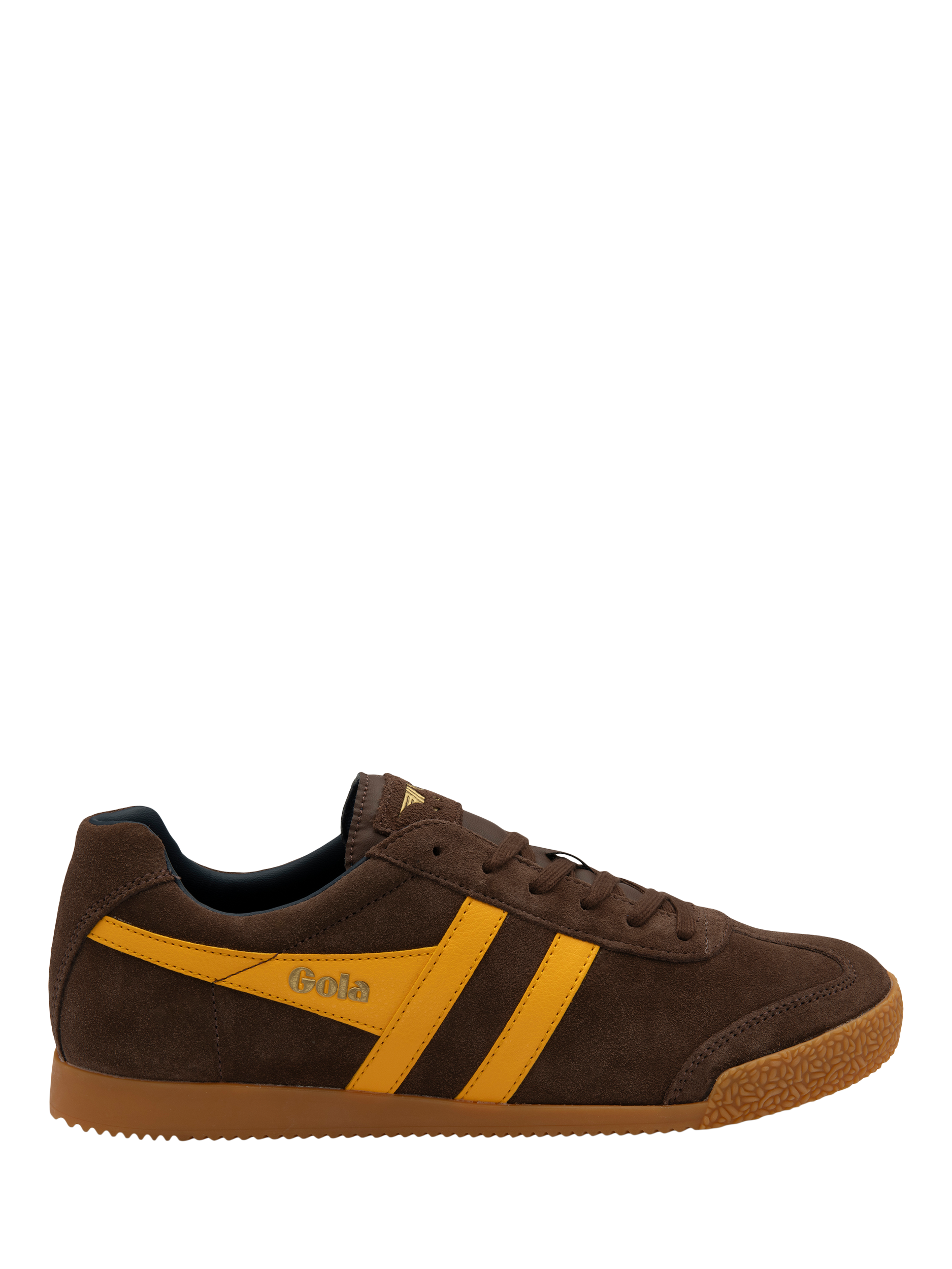 Product image 1 of 5, which shows Gola Classics Harrier Suede Lace Up Trainers, Coffee/Sun/Navy, 6