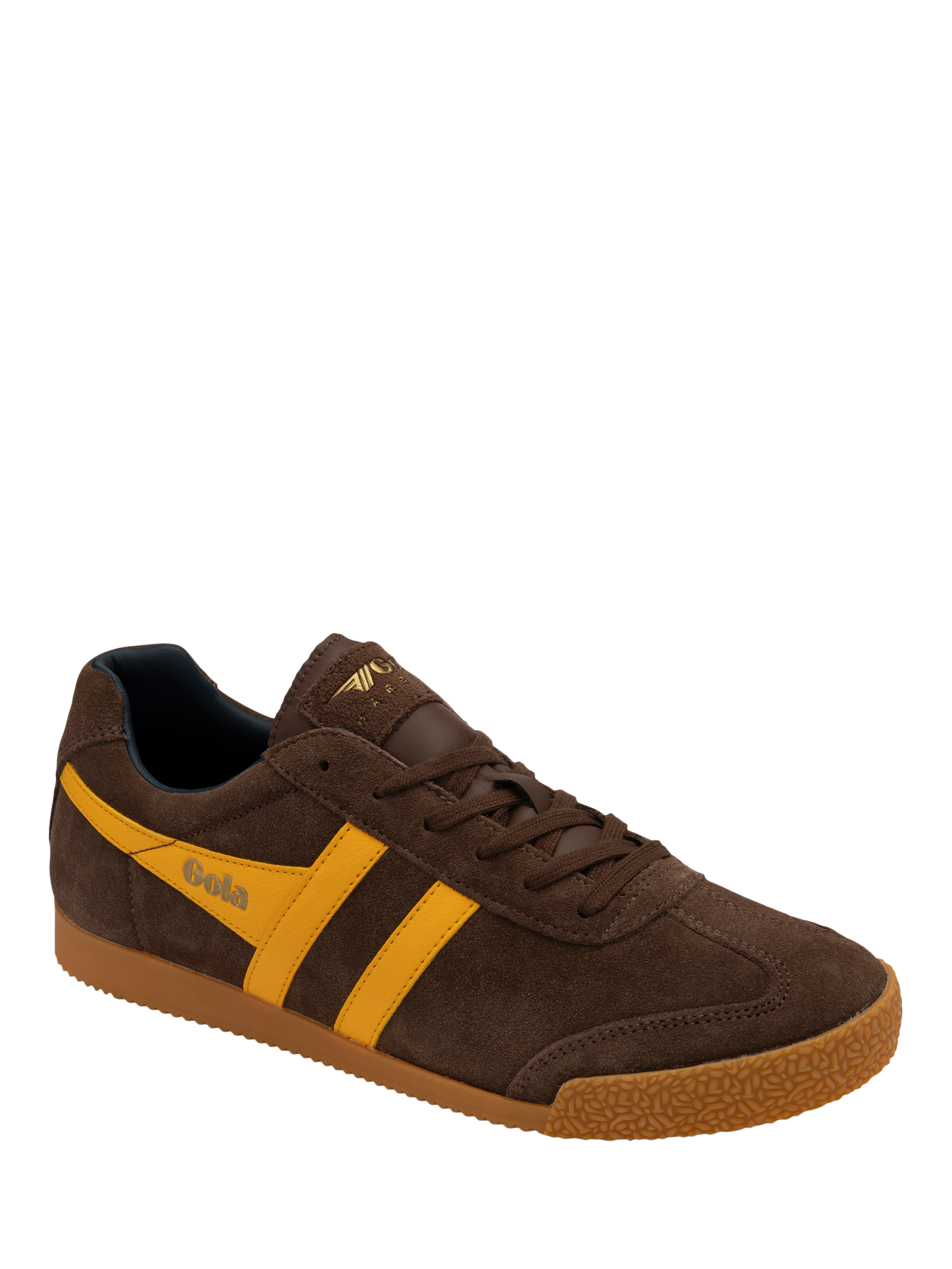 Product image 2 of 5, which shows Gola Classics Harrier Suede Lace Up Trainers, Coffee/Sun/Navy, 6