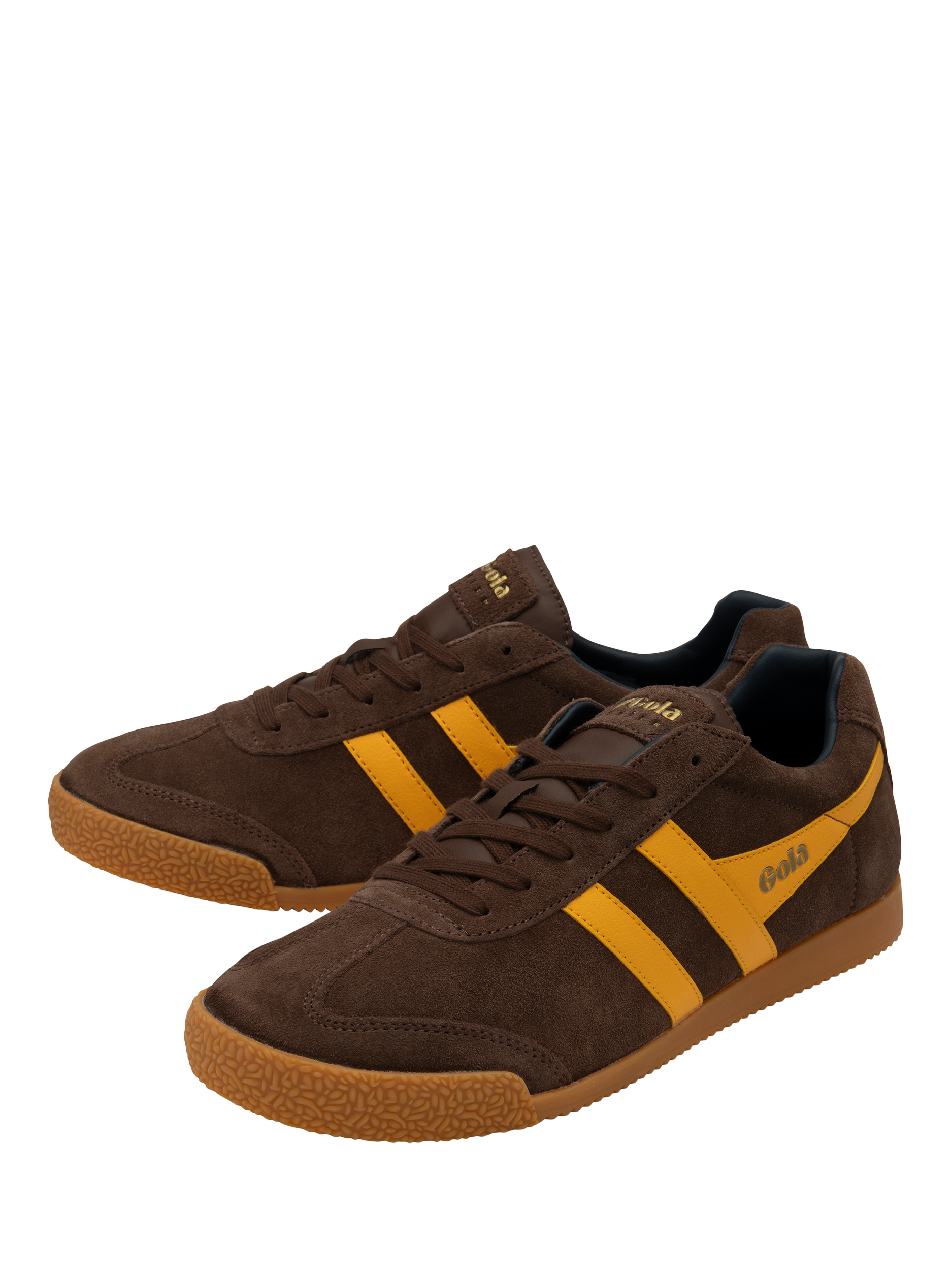 Product image 3 of 5, which shows Gola Classics Harrier Suede Lace Up Trainers, Coffee/Sun/Navy, 6