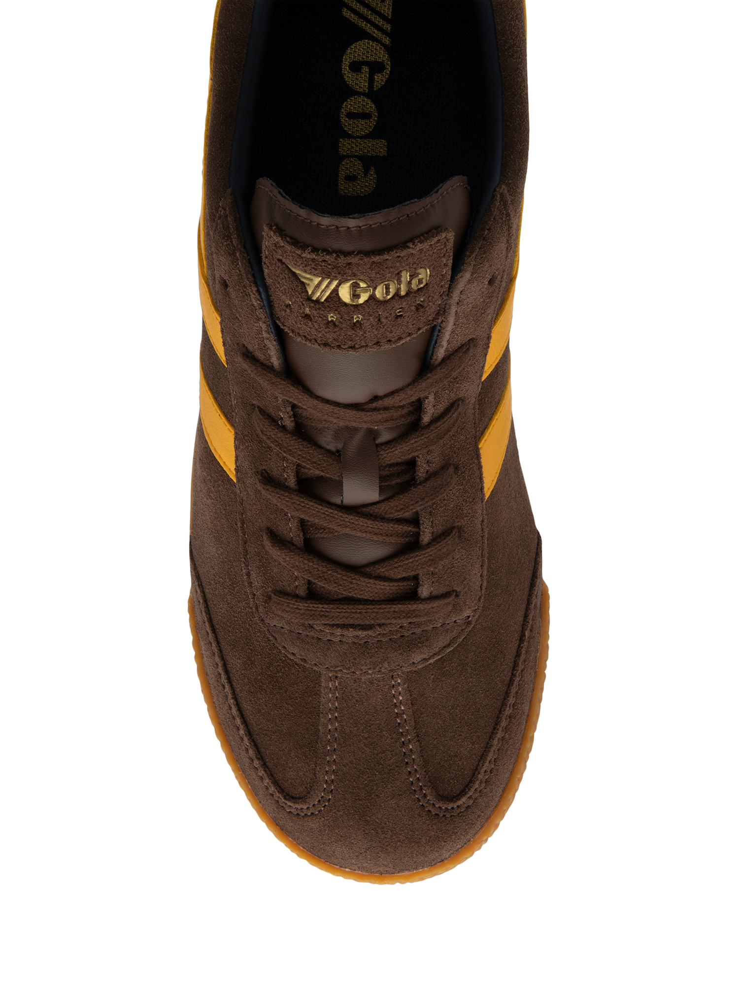 Product image 5 of 5, which shows Gola Classics Harrier Suede Lace Up Trainers, Coffee/Sun/Navy, 6