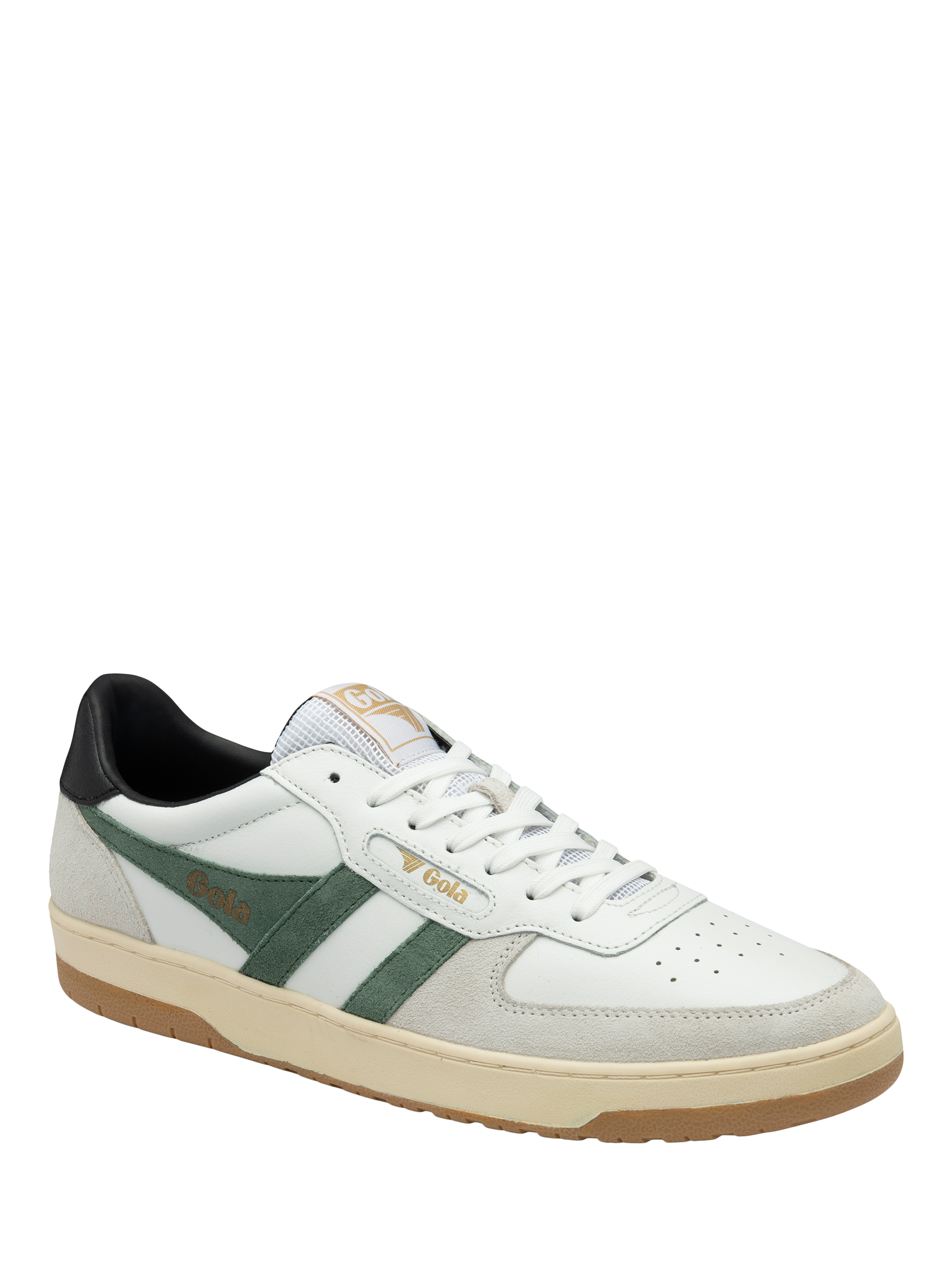 Product image 2 of 5, which shows Gola Hawk Leather Trainers, White/Sage/Black, 6