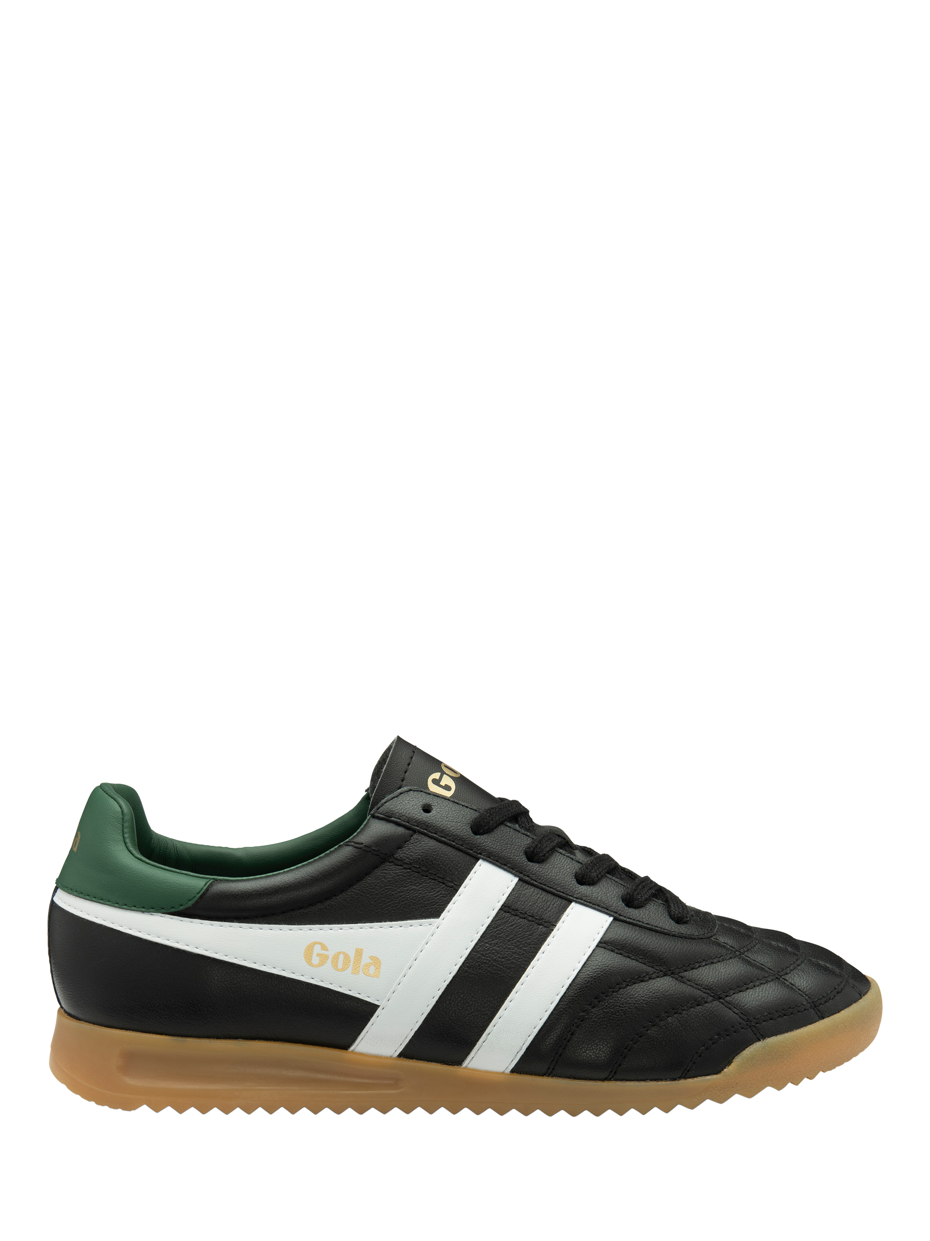 Product image 1 of 5, which shows Gola Classics Stadium '86 Leather Lace Up Trainers, Black/White/Evergreen, 7