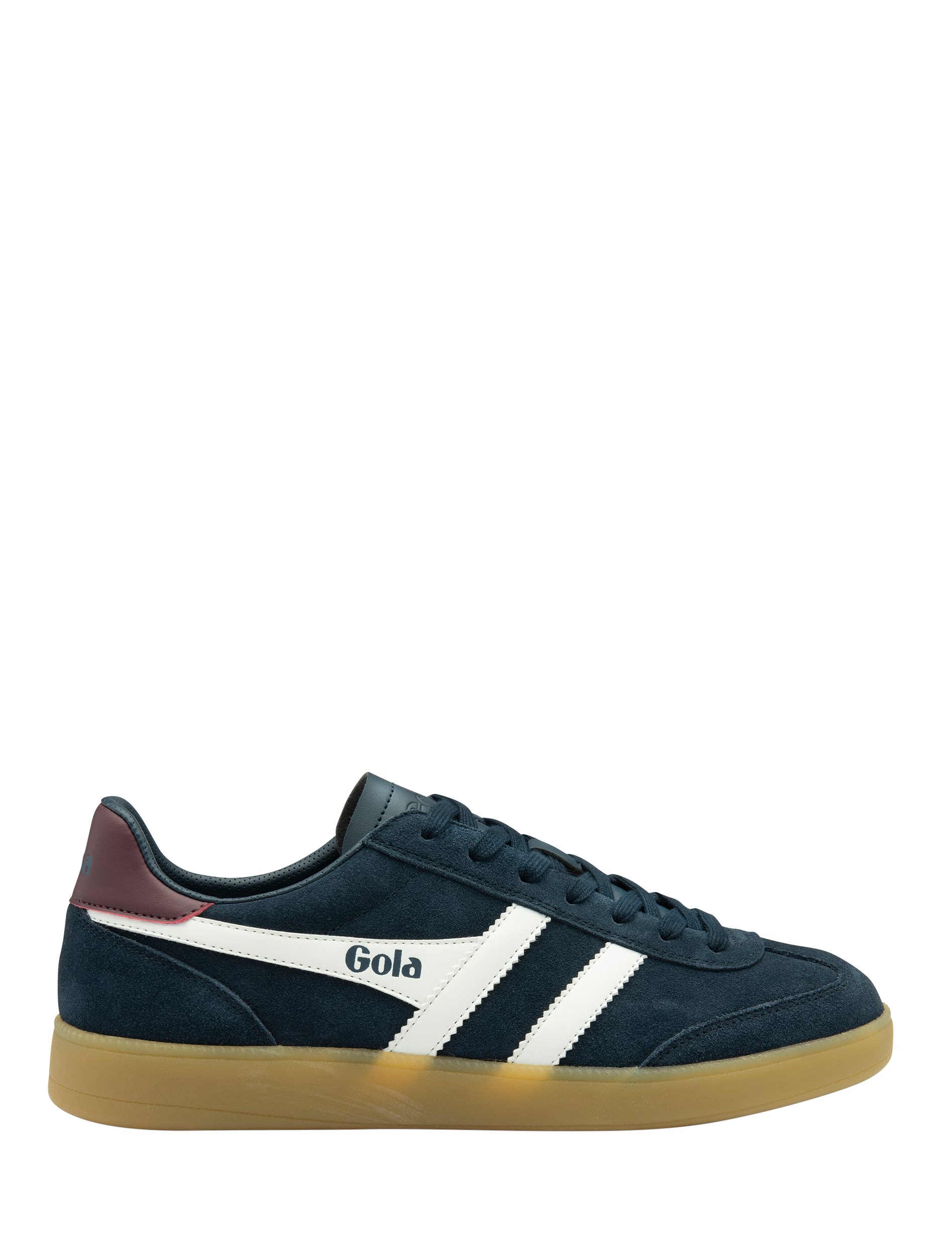 Product image 1 of 5, which shows Gola Viper Leather Trainers, Navy/White/Burgundy, 6