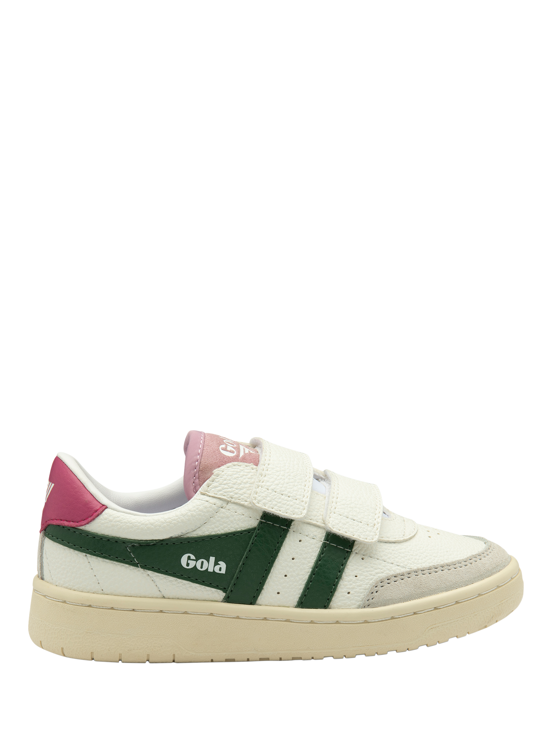 Product image 1 of 5, which shows Gola Kids' Classic Falcon Riptape Trainers, White/Evergreen/Fuchsia, 1