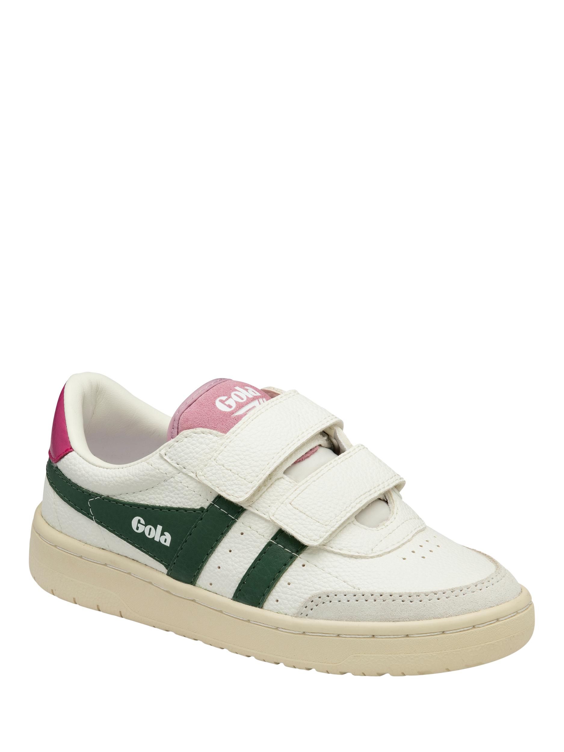 Product image 2 of 5, which shows Gola Kids' Classic Falcon Riptape Trainers, White/Evergreen/Fuchsia, 1