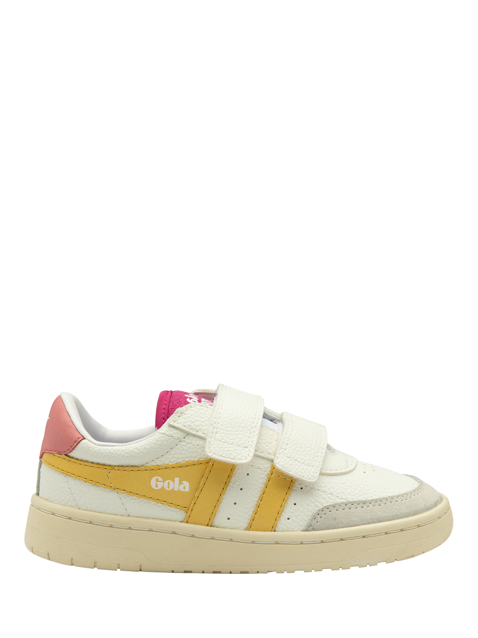 Product image 1 of 5, which shows Gola Kids' Classic Falcon Riptape Trainers, White/Pollen/Pink, 1