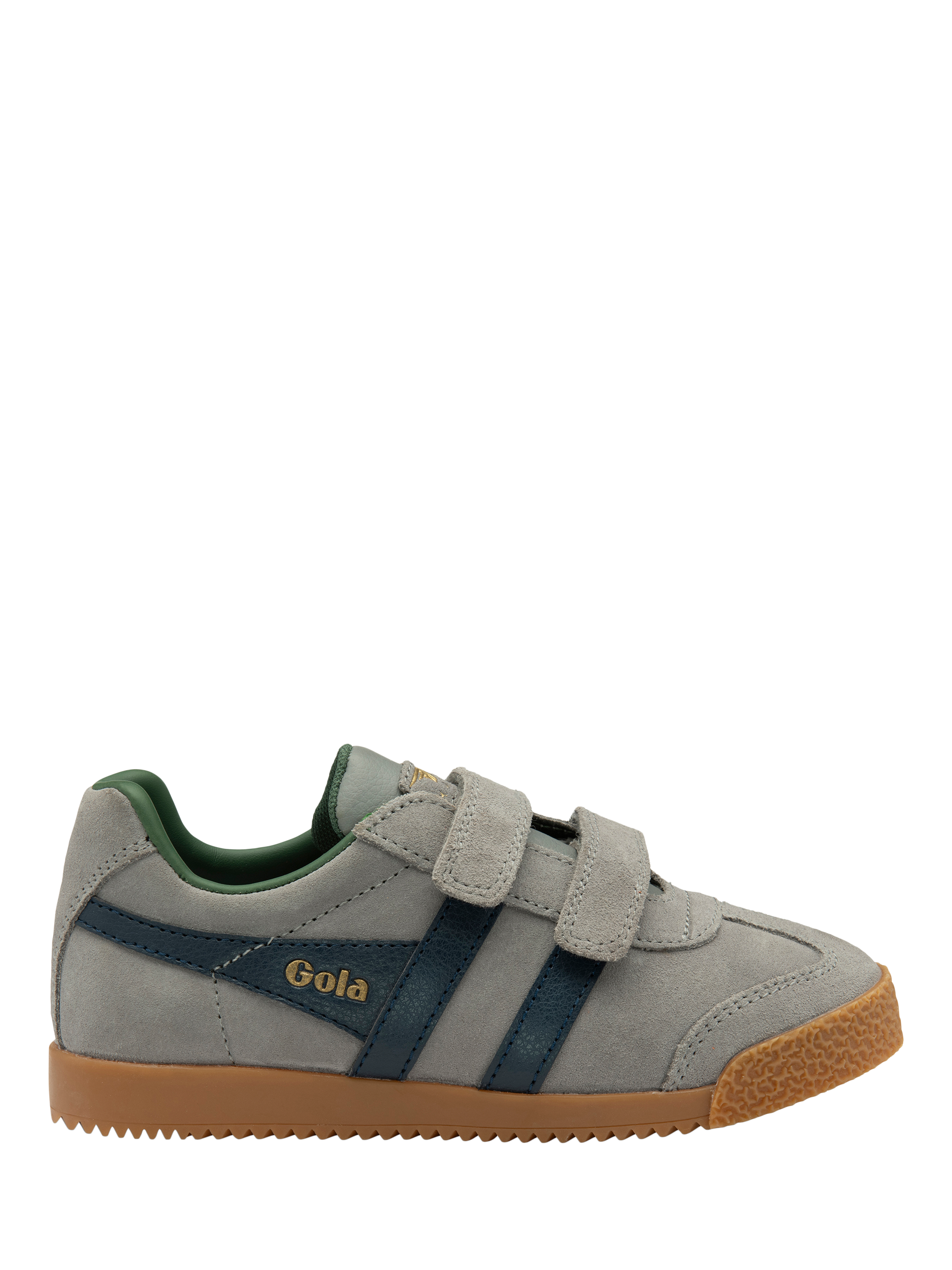 Product image 1 of 3, which shows Gola Kids' Harrier Suede Double Strap Trainers, Cement/Navy, 1