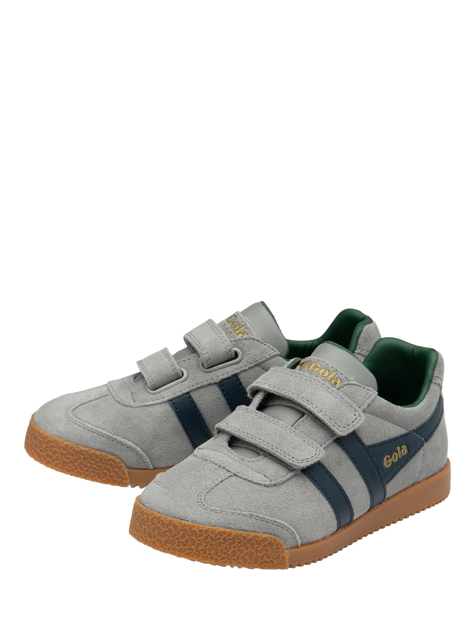 Product image 2 of 3, which shows Gola Kids' Harrier Suede Double Strap Trainers, Cement/Navy, 1