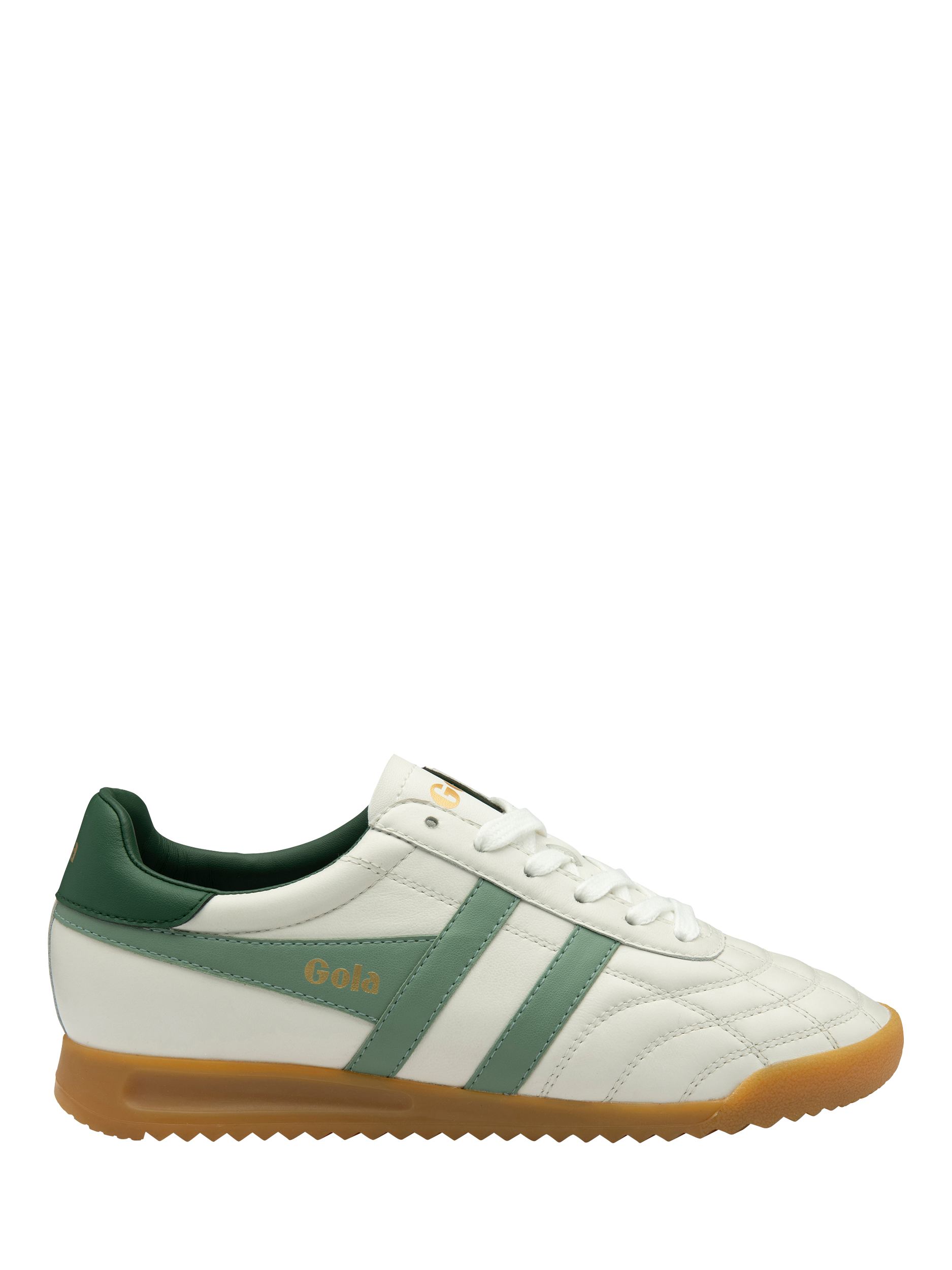 Product image 1 of 5, which shows Gola Classics Stadium Leather Trainers, White/Green Mist, 3
