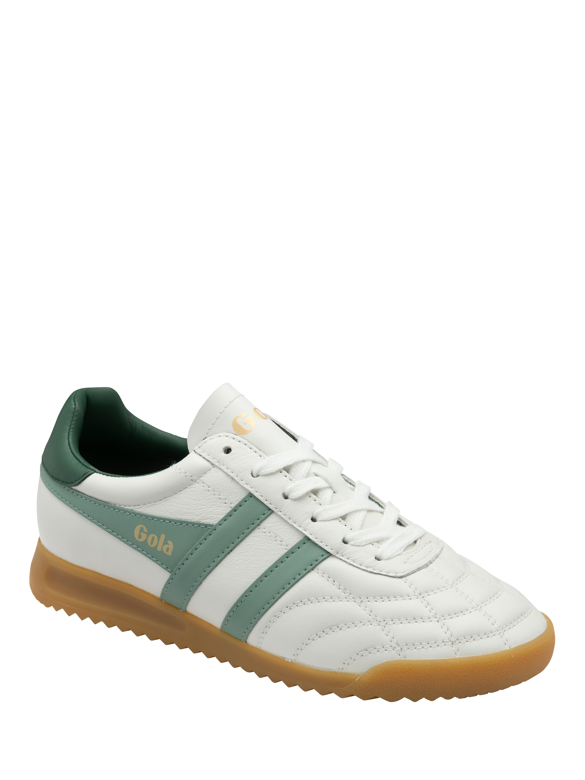 Product image 2 of 5, which shows Gola Classics Stadium Leather Trainers, White/Green Mist, 3