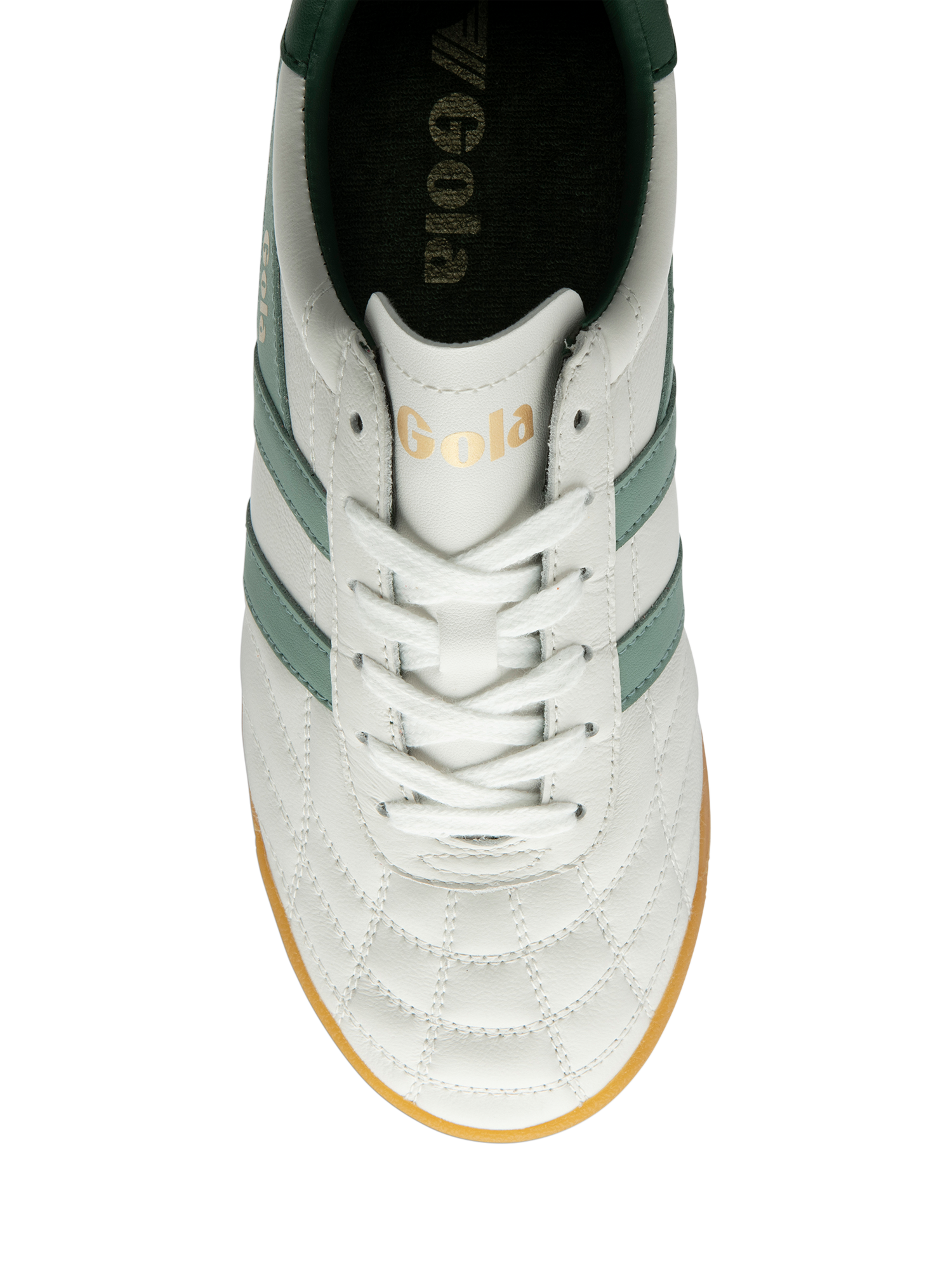 Product image 5 of 5, which shows Gola Classics Stadium Leather Trainers, White/Green Mist, 3
