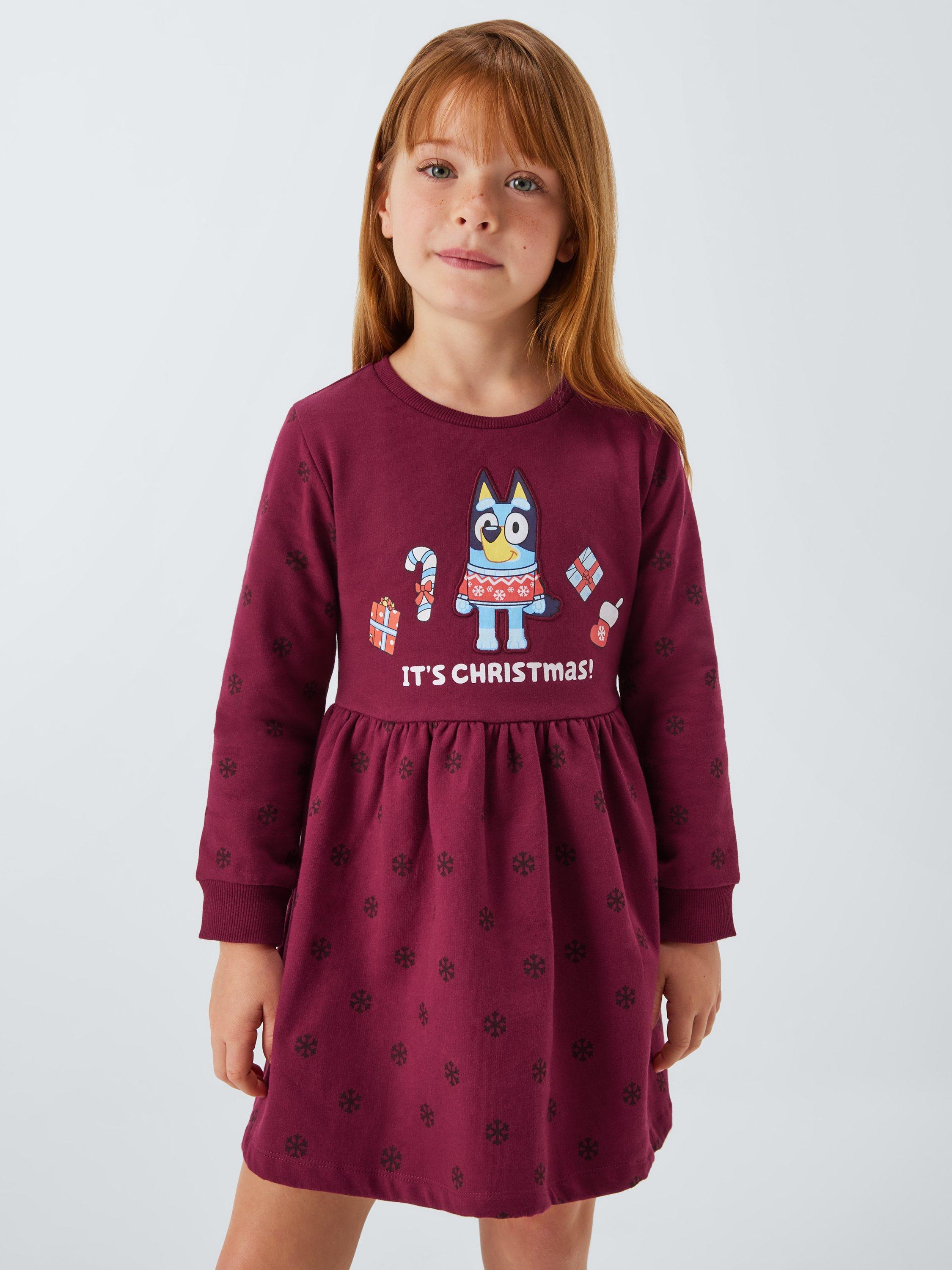 Brand Threads Kids' Cotton Blend Bluey Christmas Dress, Merlot
