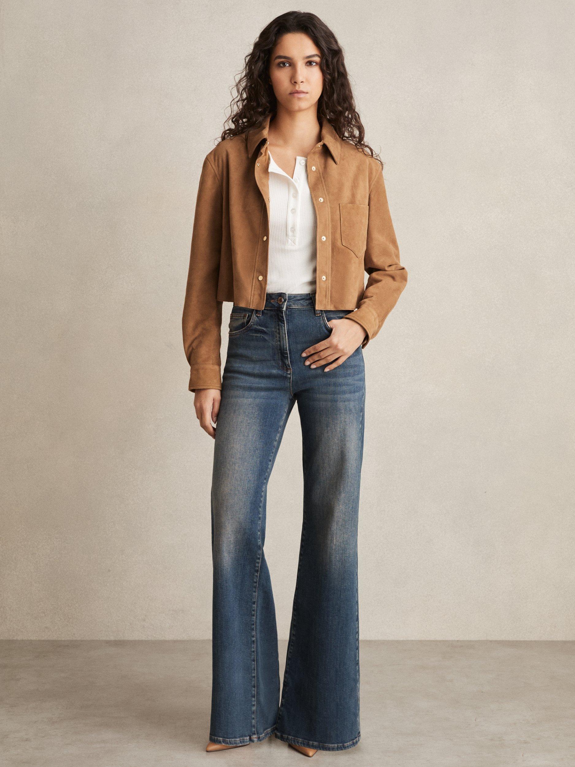 Product image 2 of 5, which shows Reiss Connie Suede Leather Cropped Shirt, Tan, 16