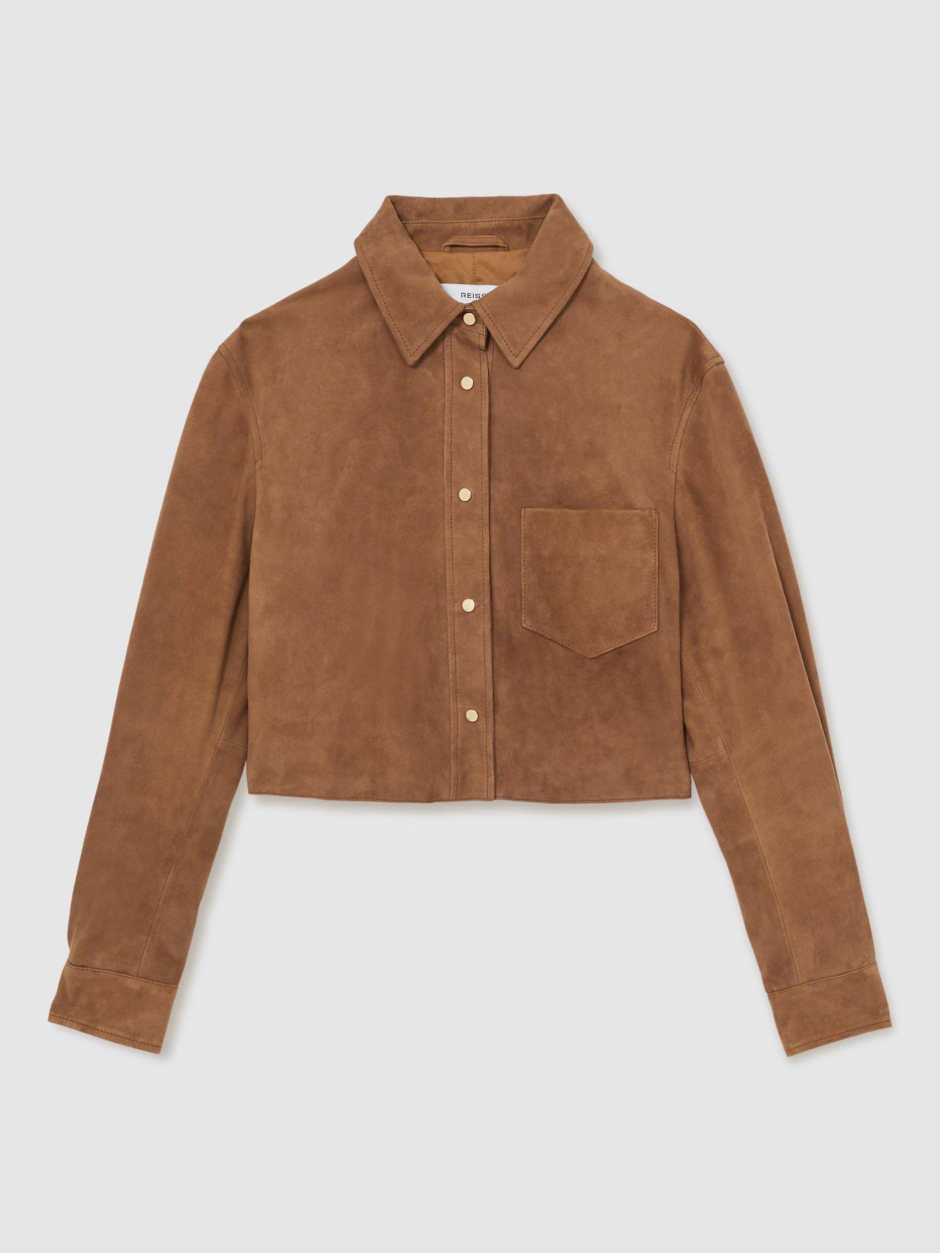 Product image 3 of 5, which shows Reiss Connie Suede Leather Cropped Shirt, Tan, 16