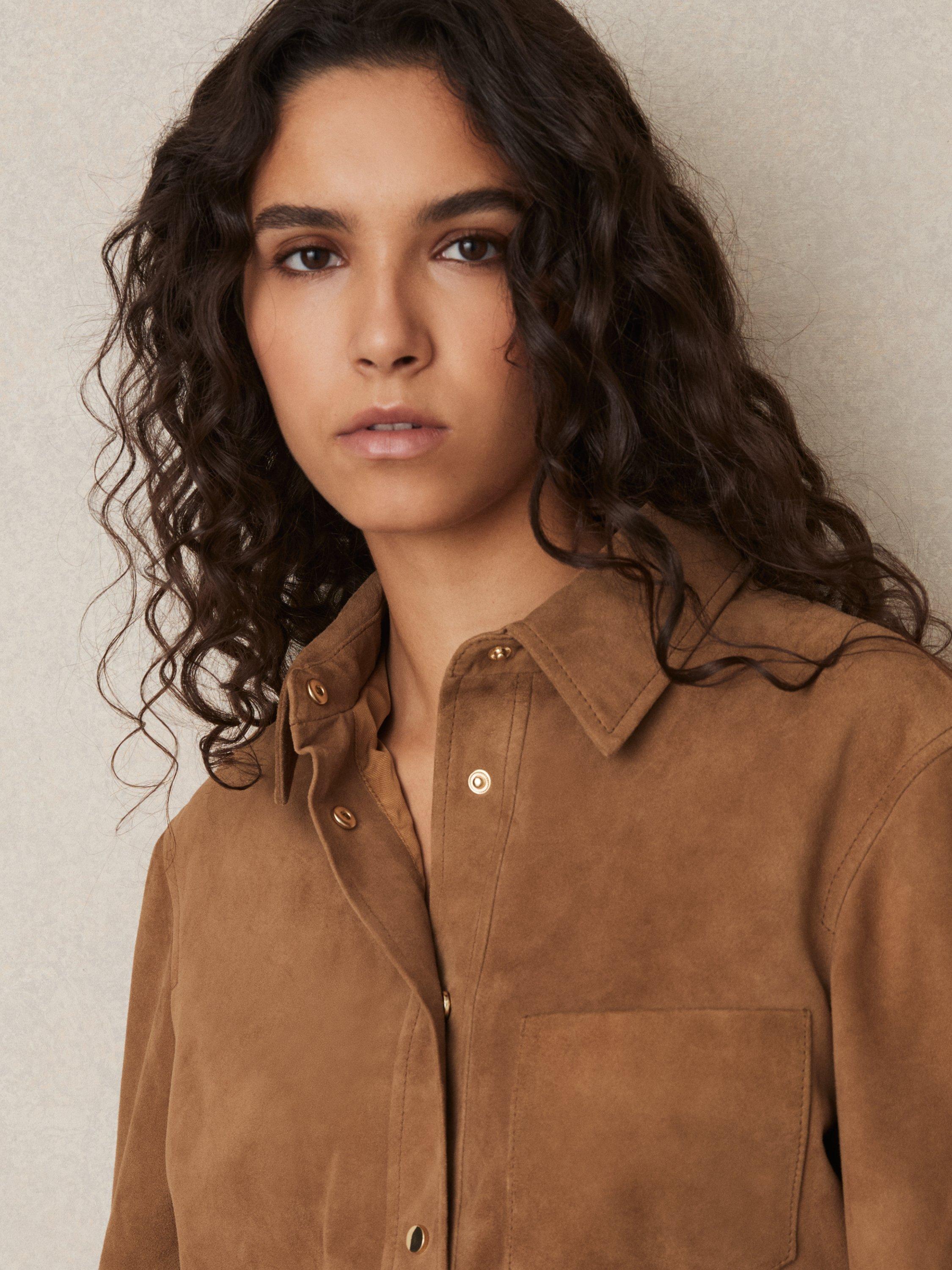 Product image 4 of 5, which shows Reiss Connie Suede Leather Cropped Shirt, Tan, 16