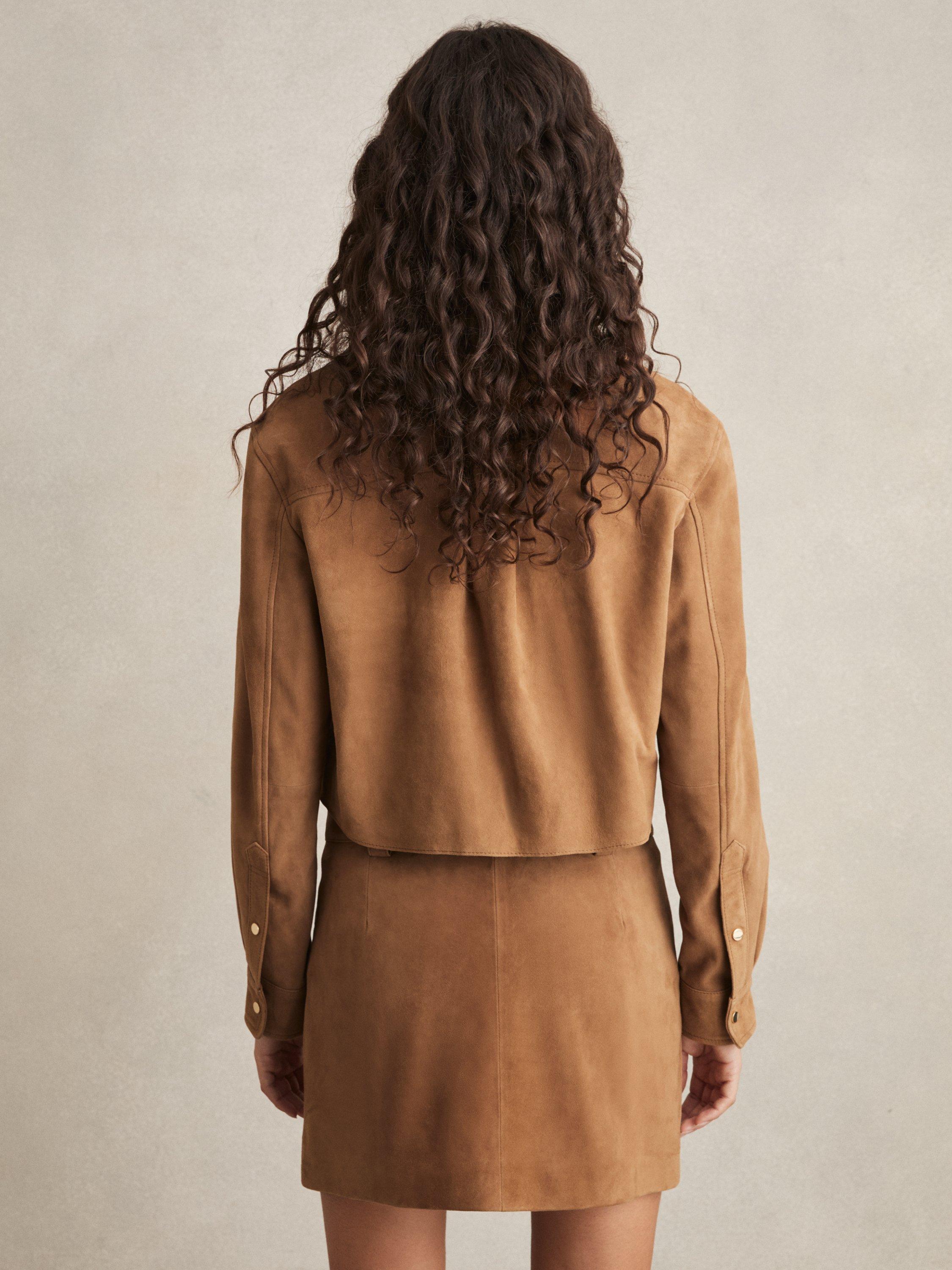 Product image 5 of 5, which shows Reiss Connie Suede Leather Cropped Shirt, Tan, 16