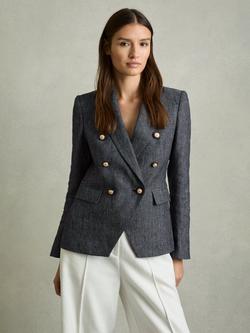 Reiss Baker Linen Cotton Double-Breasted Blazer, Navy, Navy