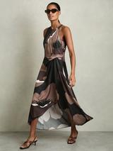 Reiss Michalie Floral Draped Flared Maxi Dress, Brown